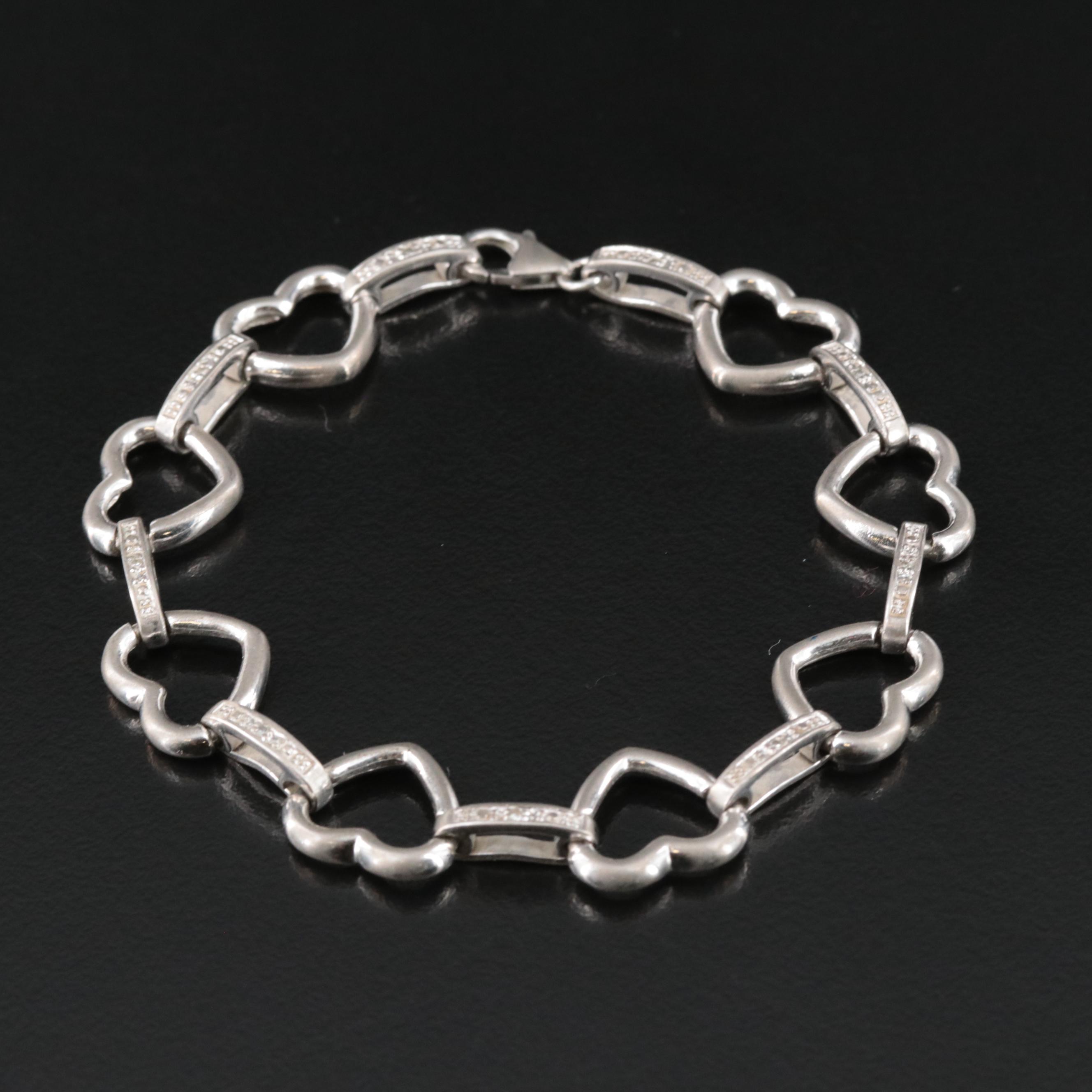 Sterling Diamond Heart Link Bracelet