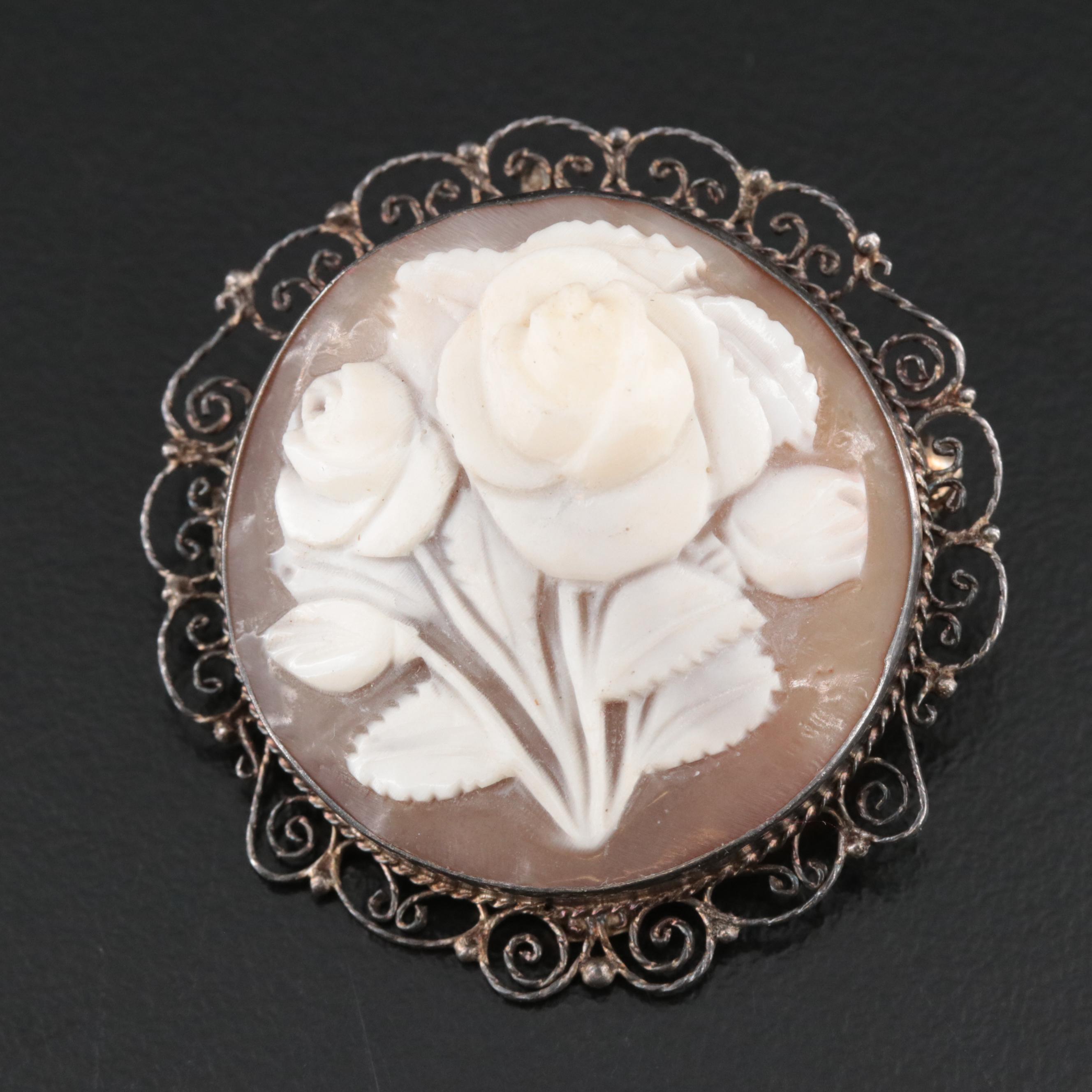 Sterling Shell Cameo Rose Converter Brooch