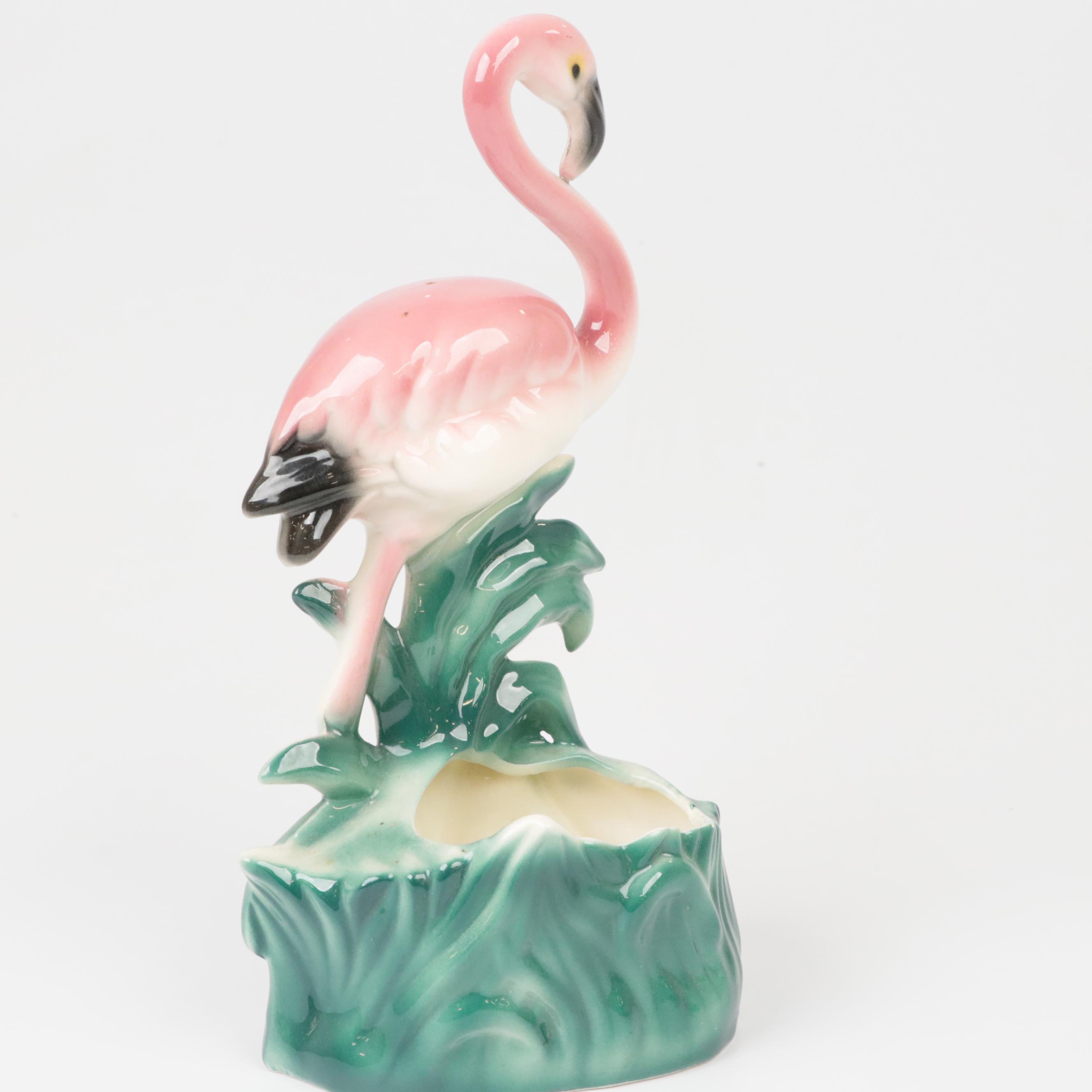 MCM Ceramic Flamingo Planter and MCM Black Wire Swan with Porcelain Ashtray