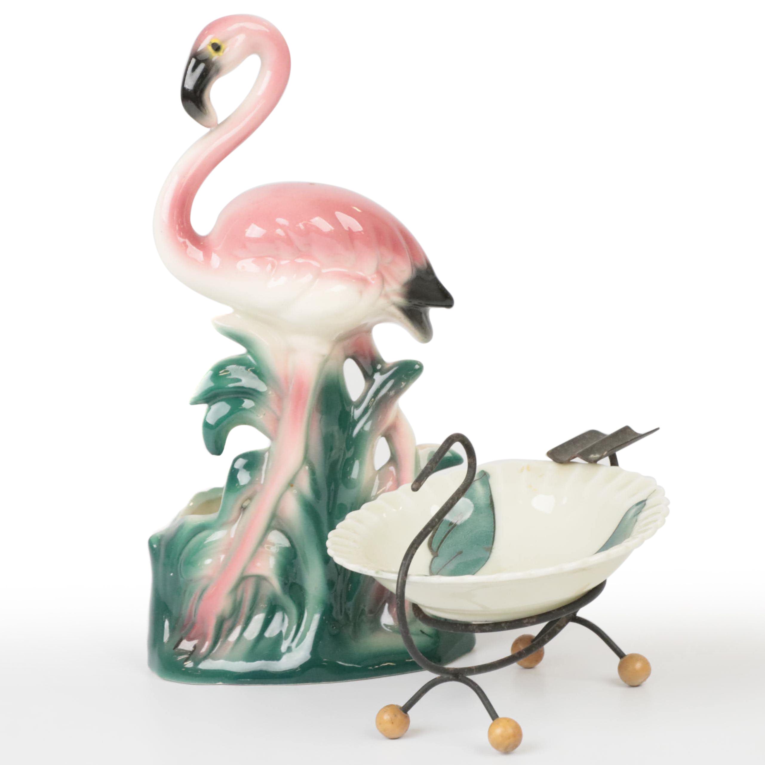 MCM Ceramic Flamingo Planter and MCM Black Wire Swan with Porcelain Ashtray