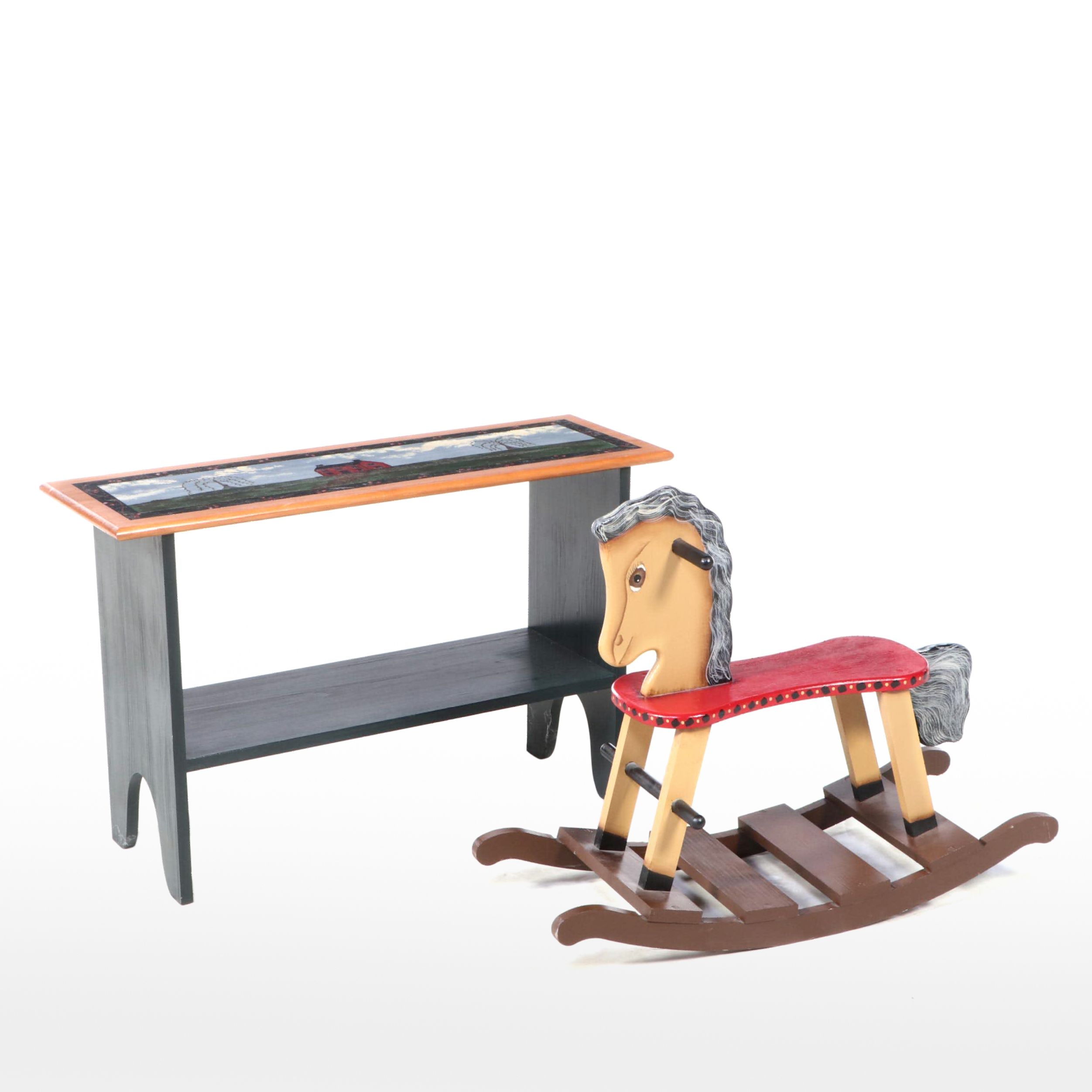 American Primitive Style Paint-Decorated Bench Plus Child's Rocking Horse