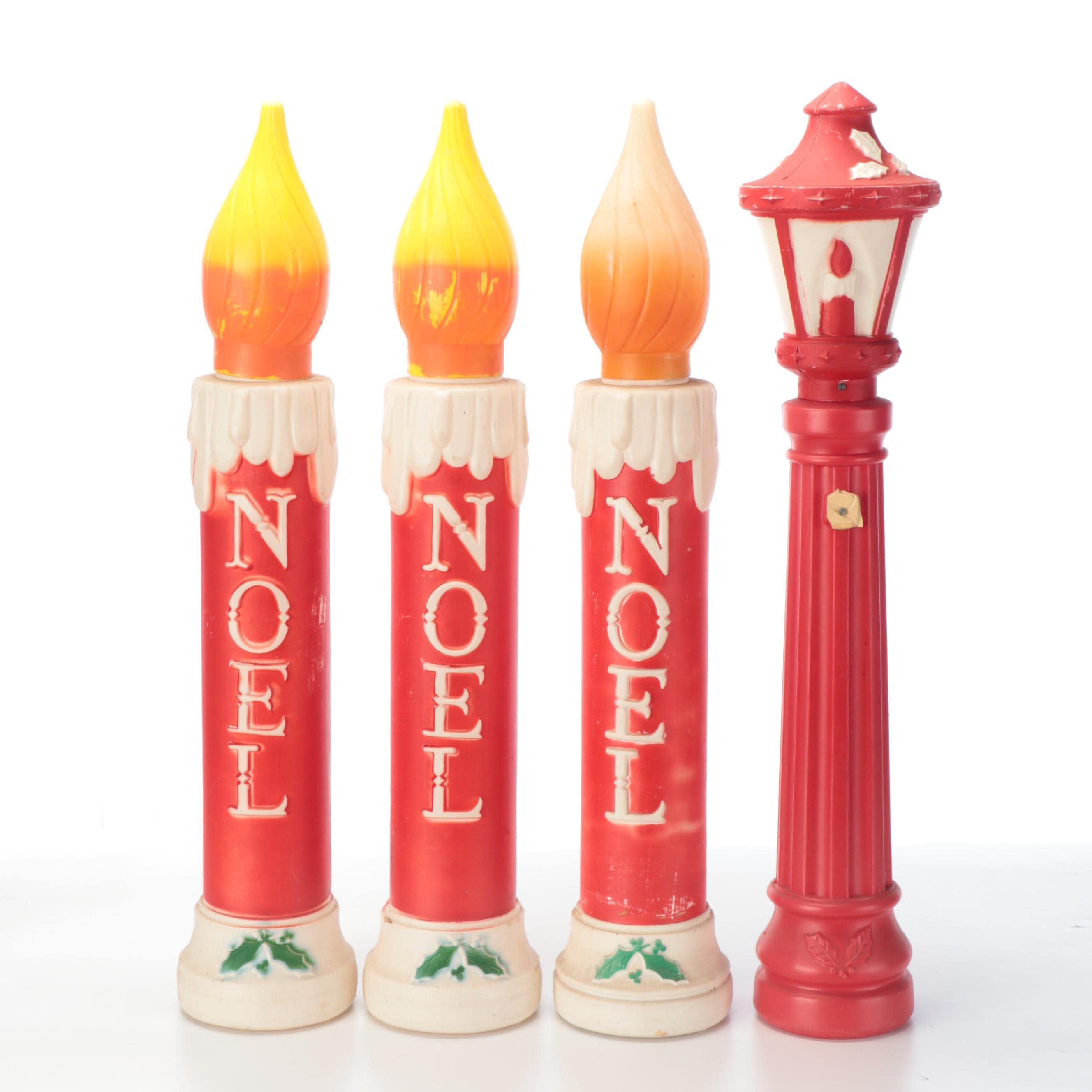 Three "Noel" Blow Mold Plastic Christmas Candle Yard Decorations with Lamp Post