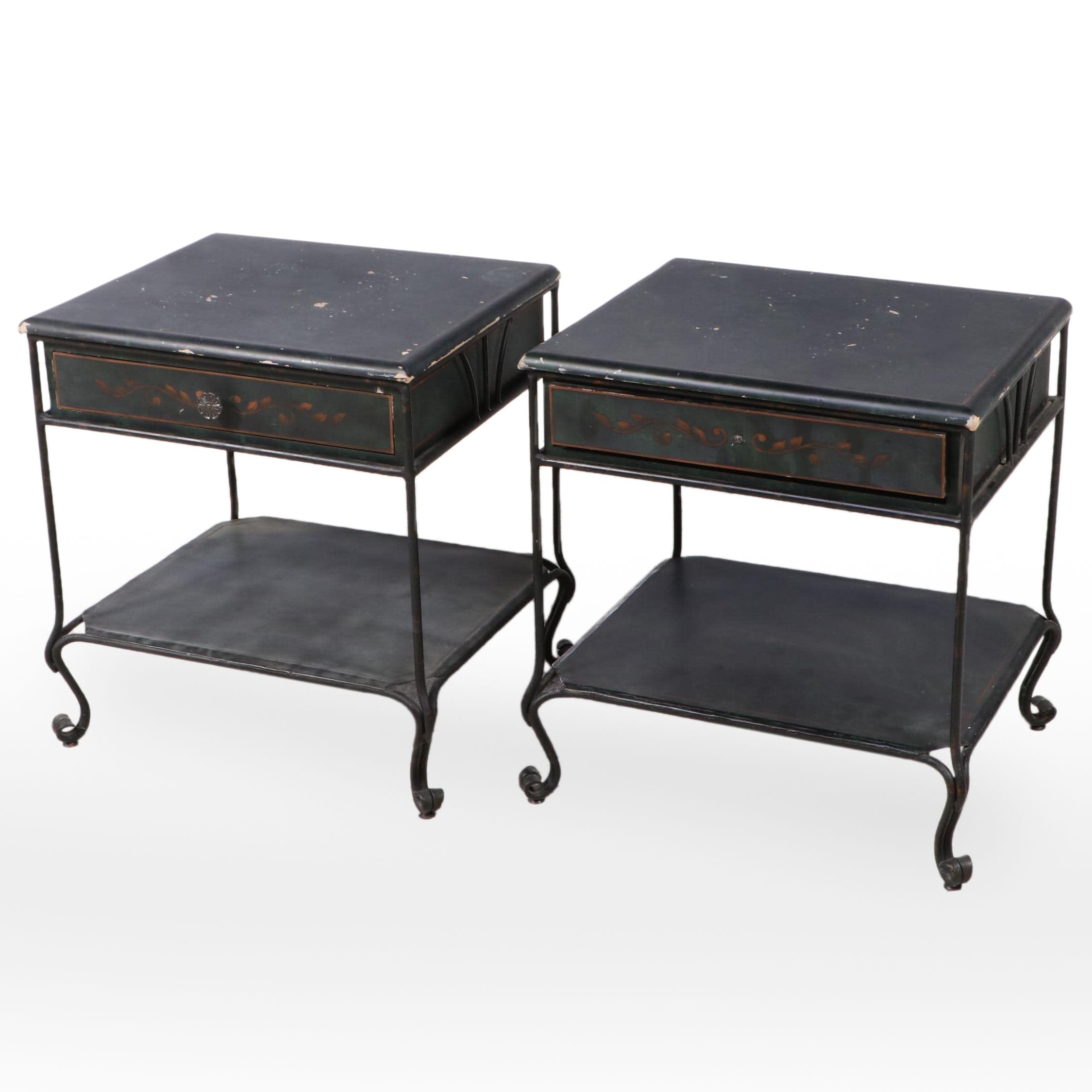 Pair of Black Finish Wood and Iron Side Tables