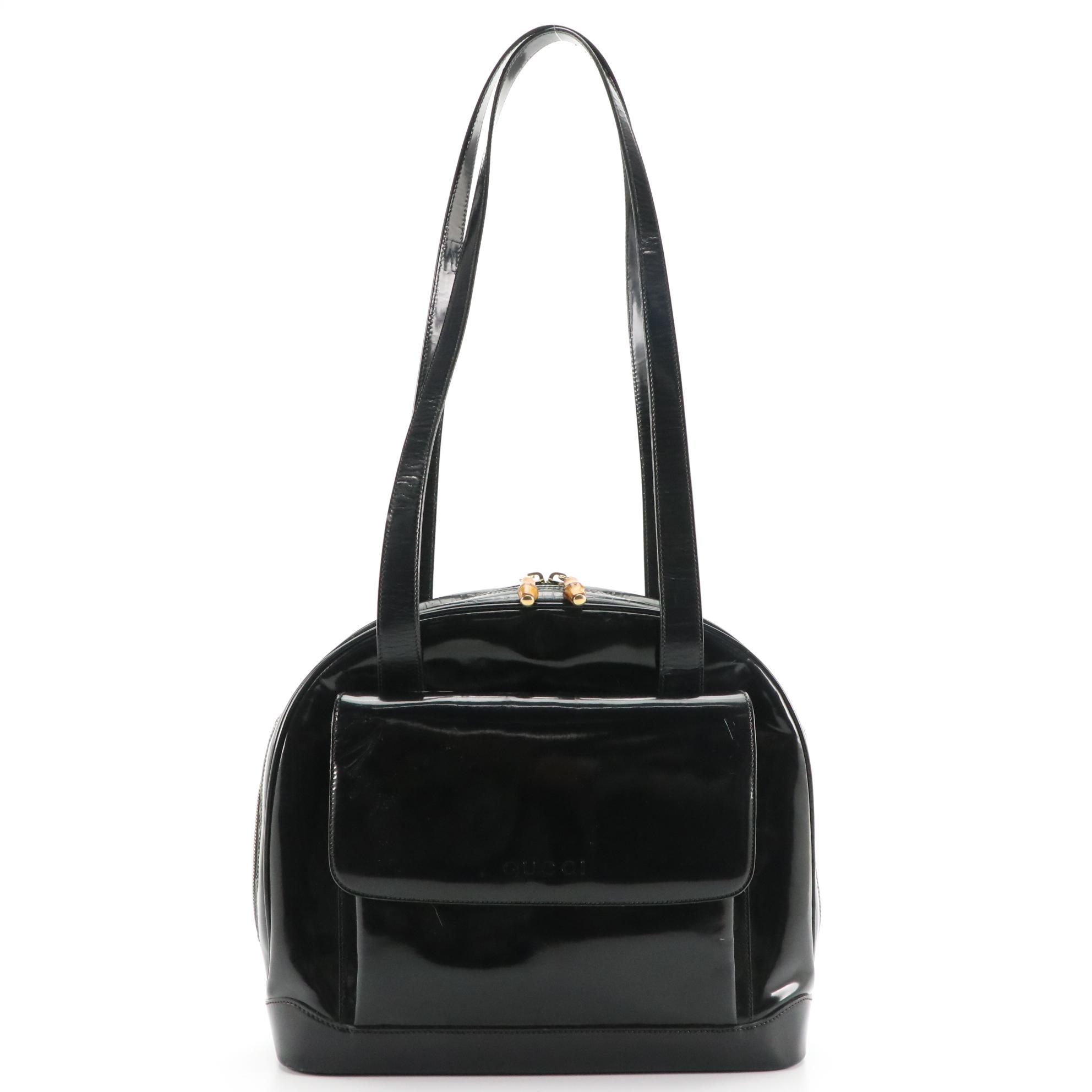 Gucci Black Patent Leather Top Handle Dome Bag with Bamboo Zipper Pulls