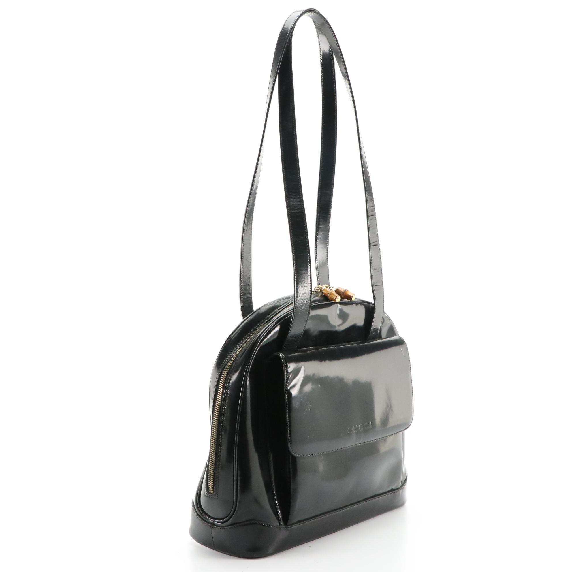 Gucci Black Patent Leather Top Handle Dome Bag with Bamboo Zipper Pulls