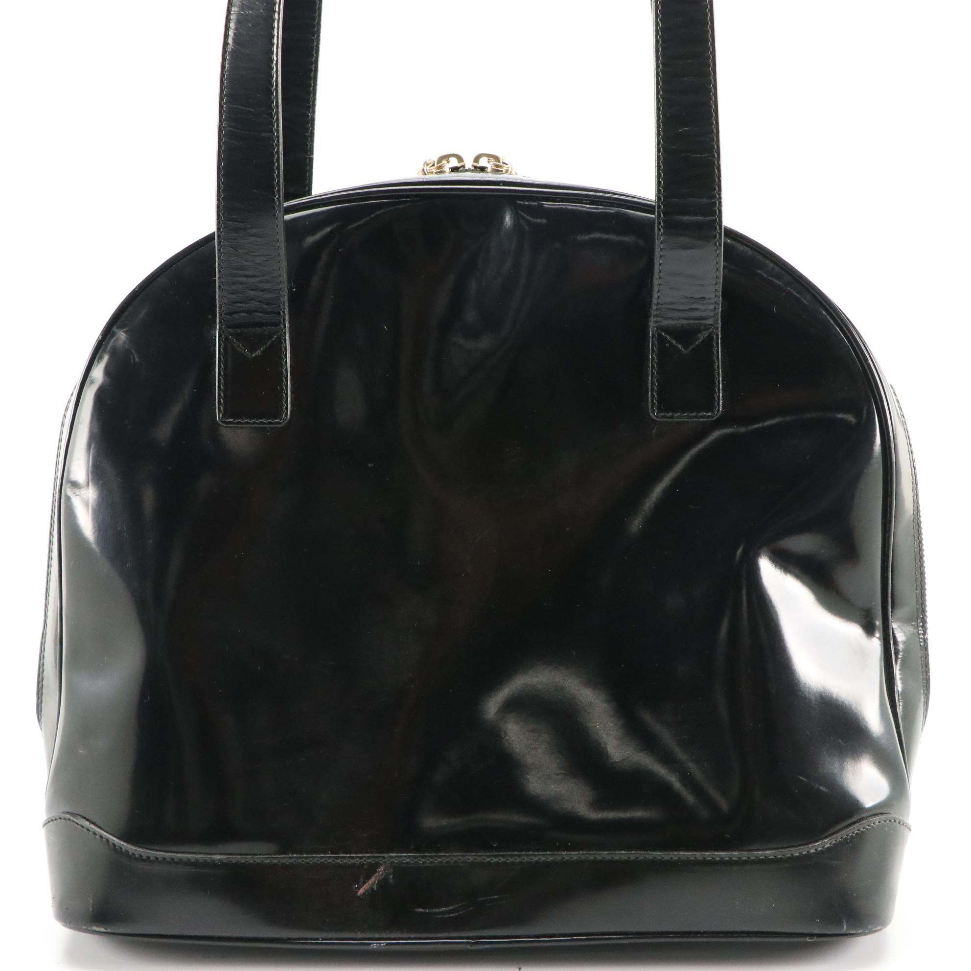 Gucci Black Patent Leather Top Handle Dome Bag with Bamboo Zipper Pulls