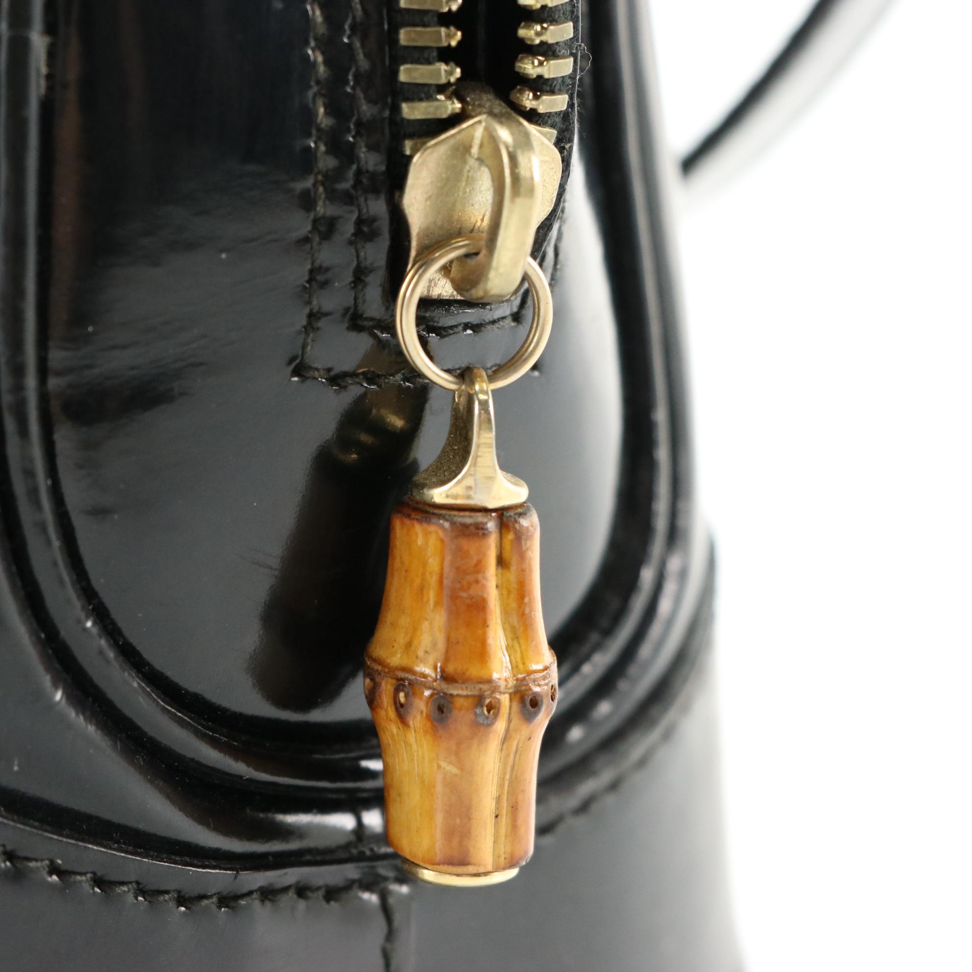 Gucci Black Patent Leather Top Handle Dome Bag with Bamboo Zipper Pulls