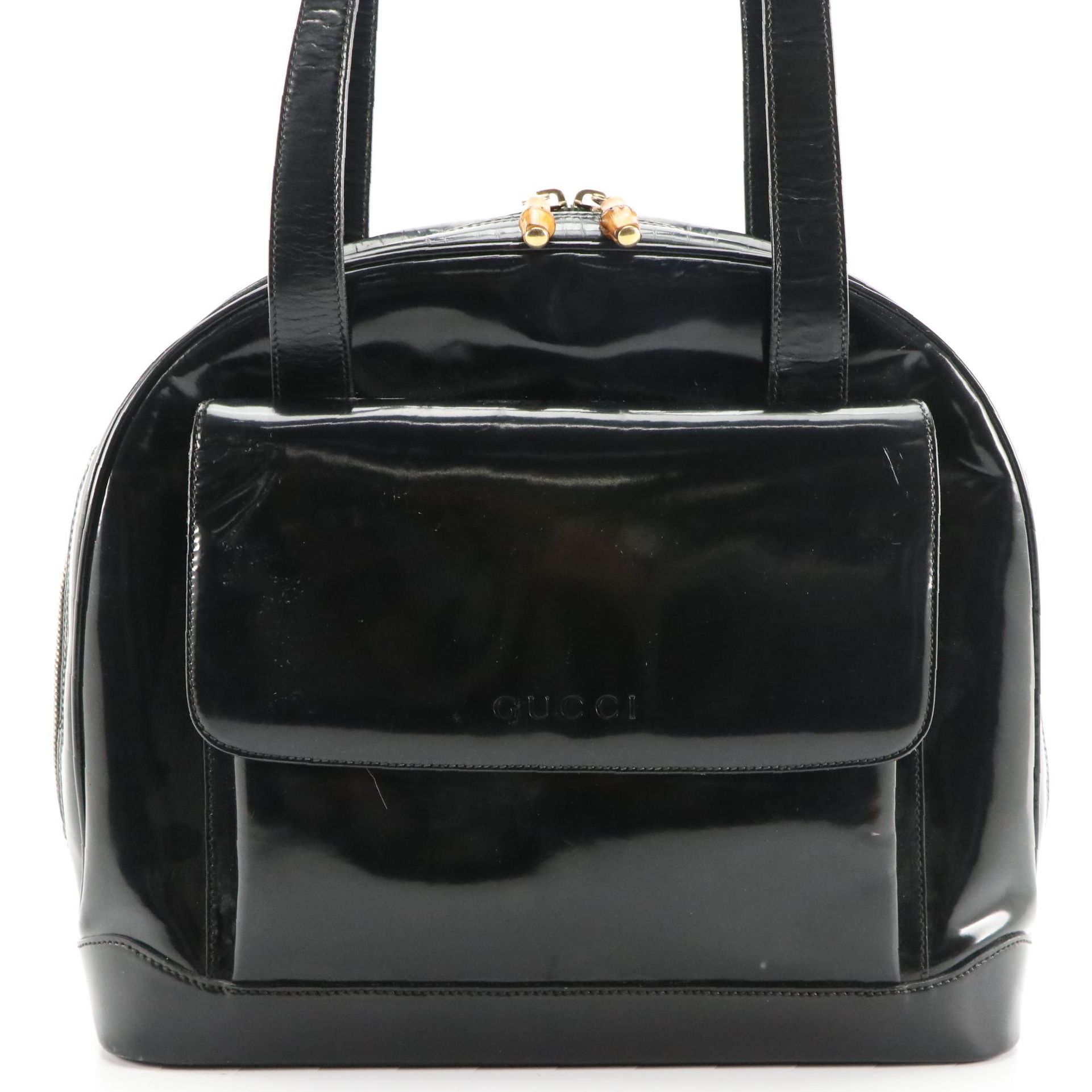 Gucci Black Patent Leather Top Handle Dome Bag with Bamboo Zipper Pulls