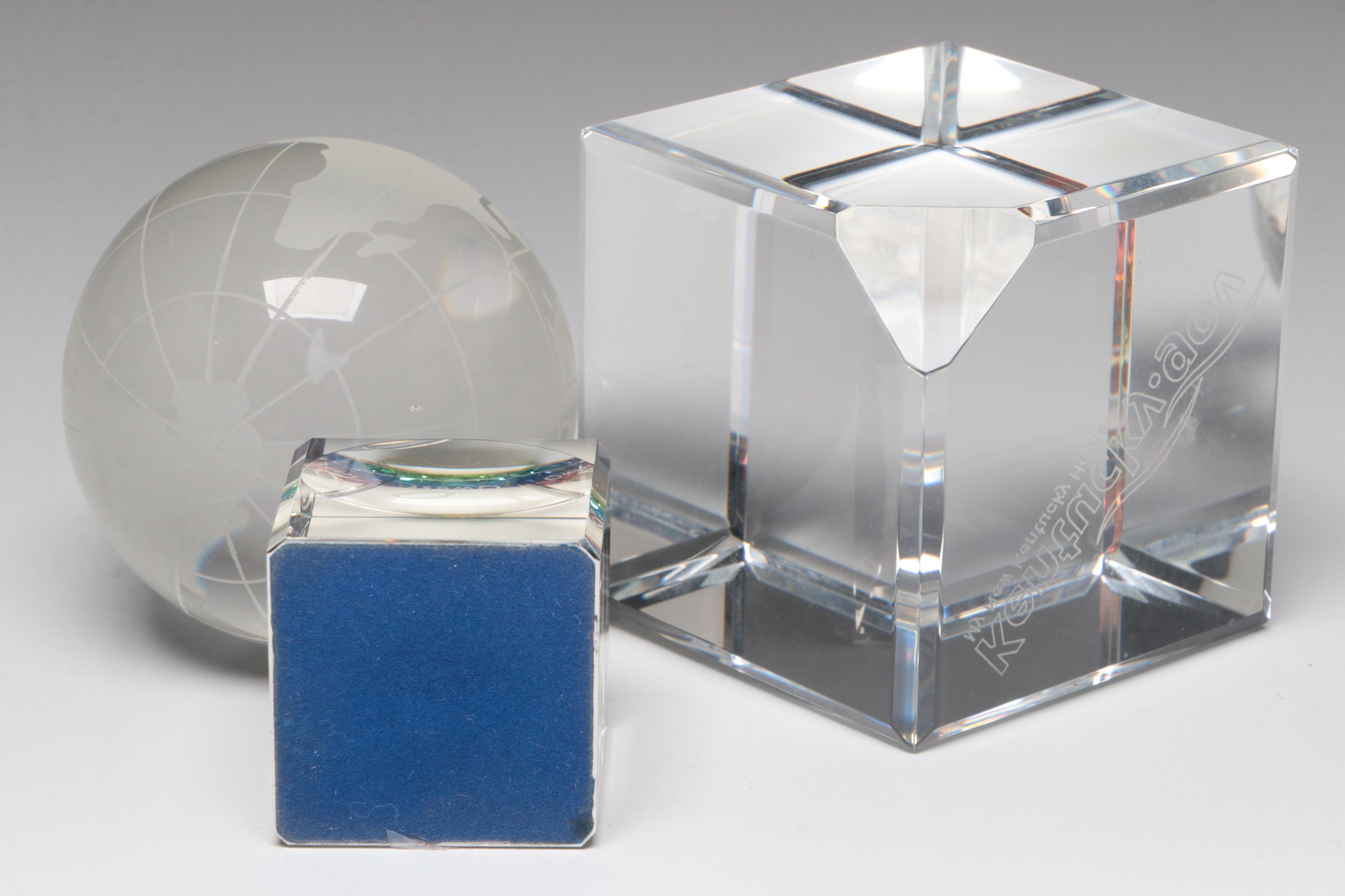 Standing Cube Crystal Paperweight with Murano Style Glass Paperweight and More