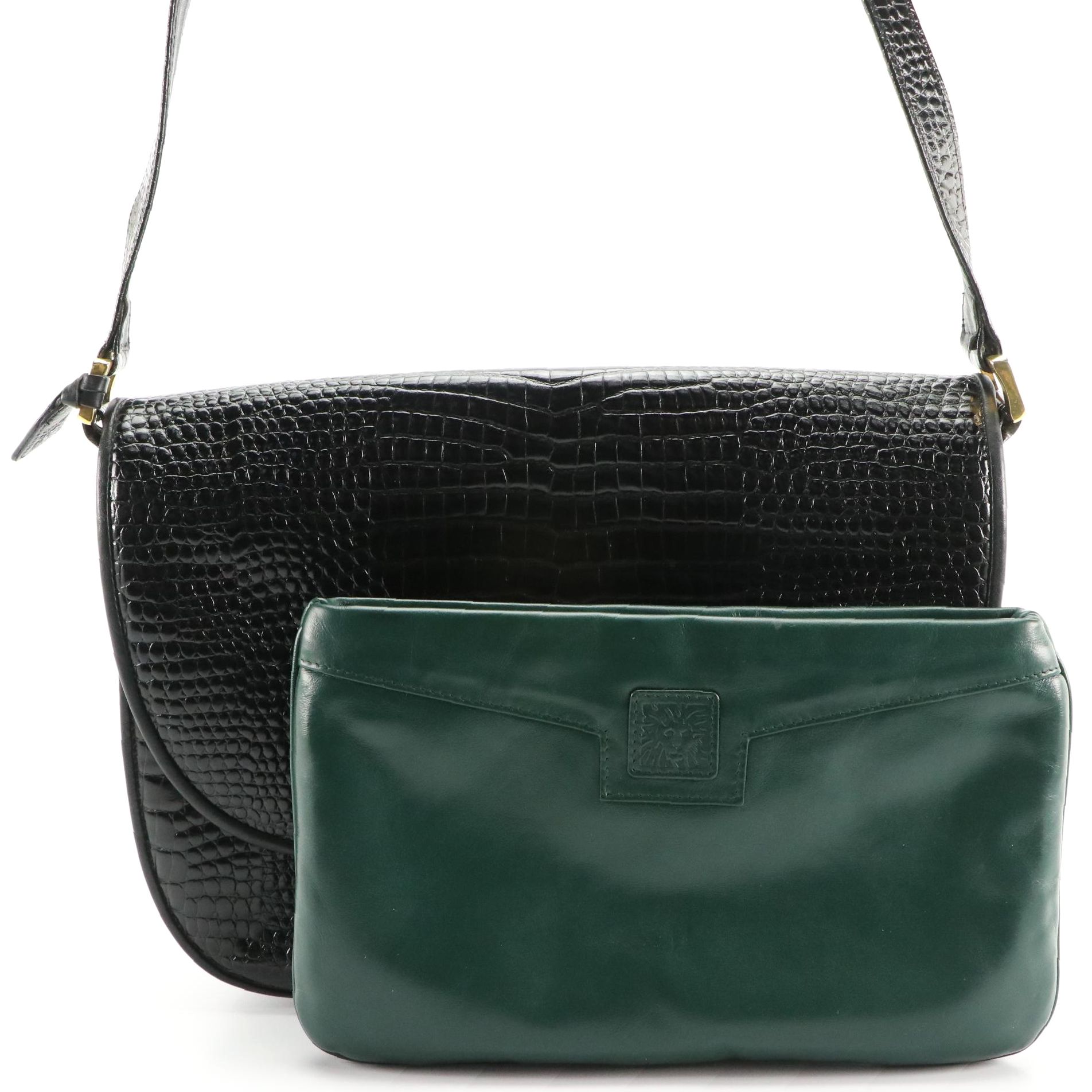 Anne Klein Black Embossed Leather Shoulder Bag & Forest Green Leather Clutch