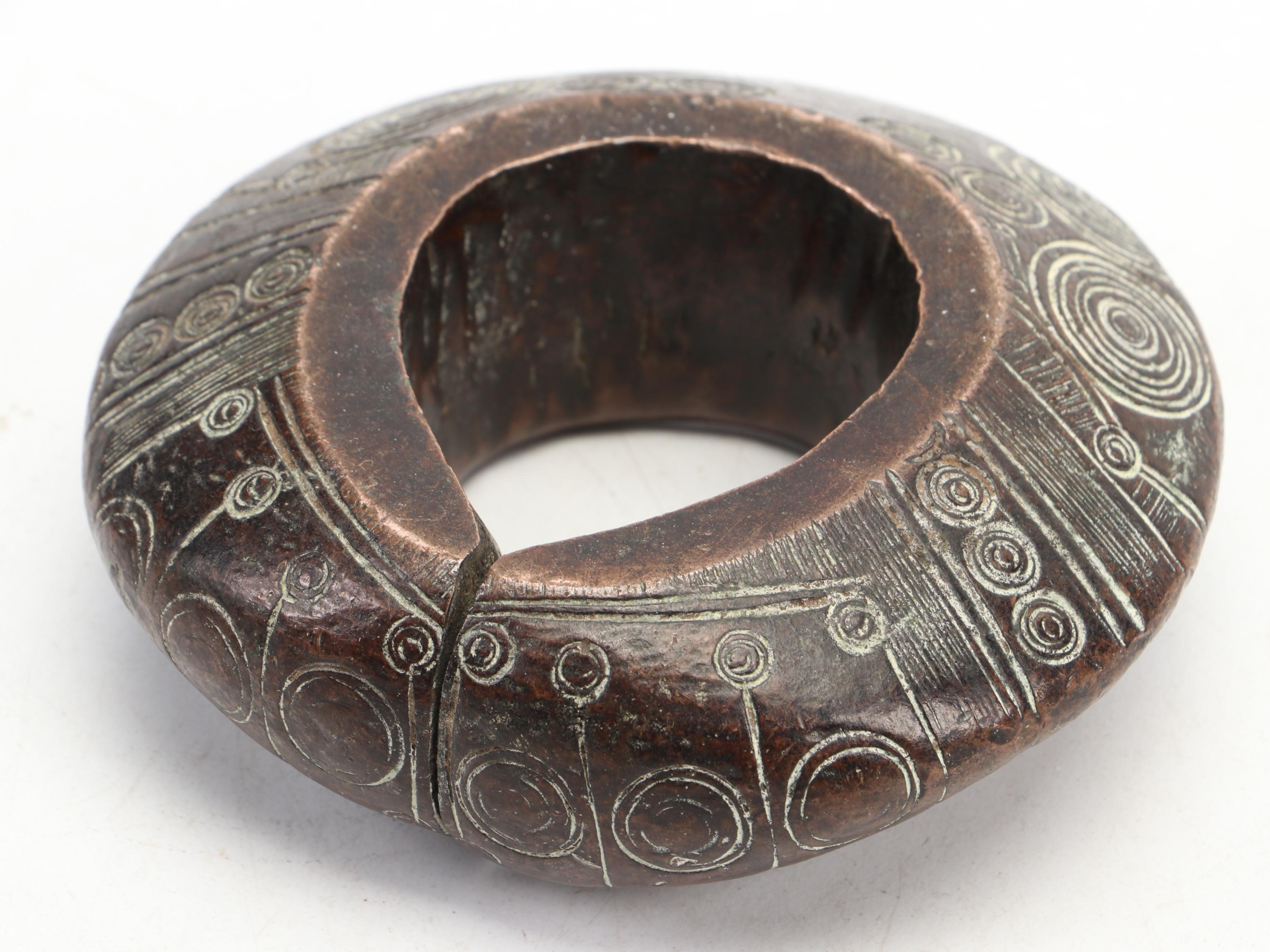 West African Solid Copper Incised Currency Bracelet