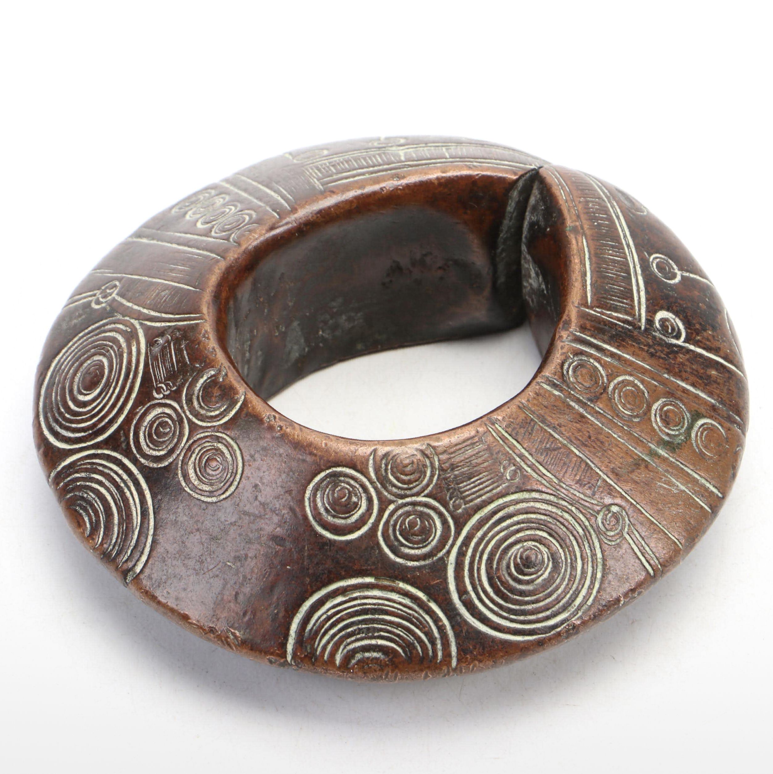 West African Solid Copper Incised Currency Bracelet