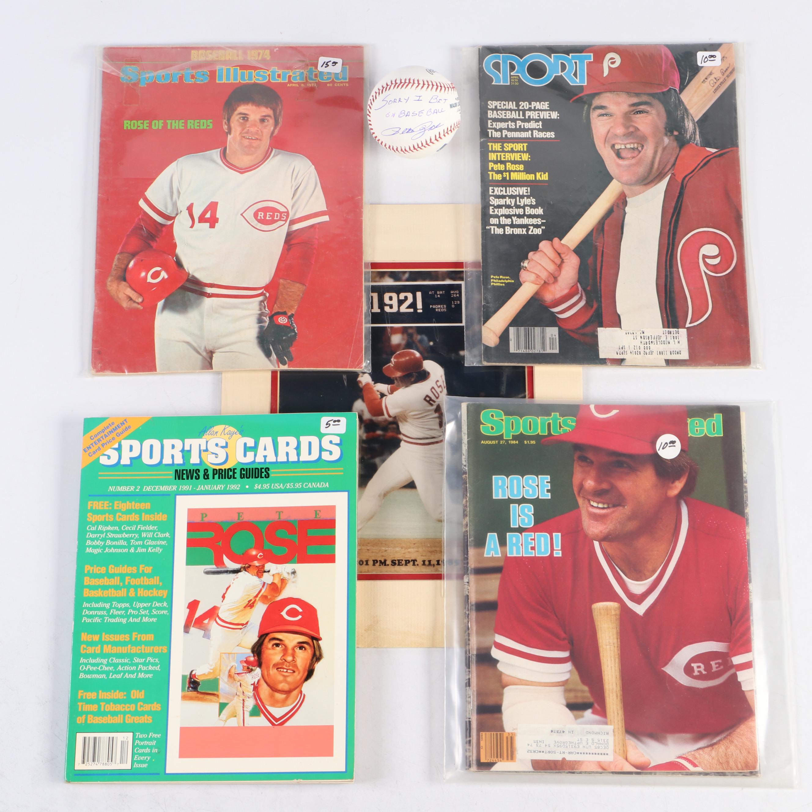 Pete Rose Signed Baseball with Magazines and Hit #4192 Matted Print