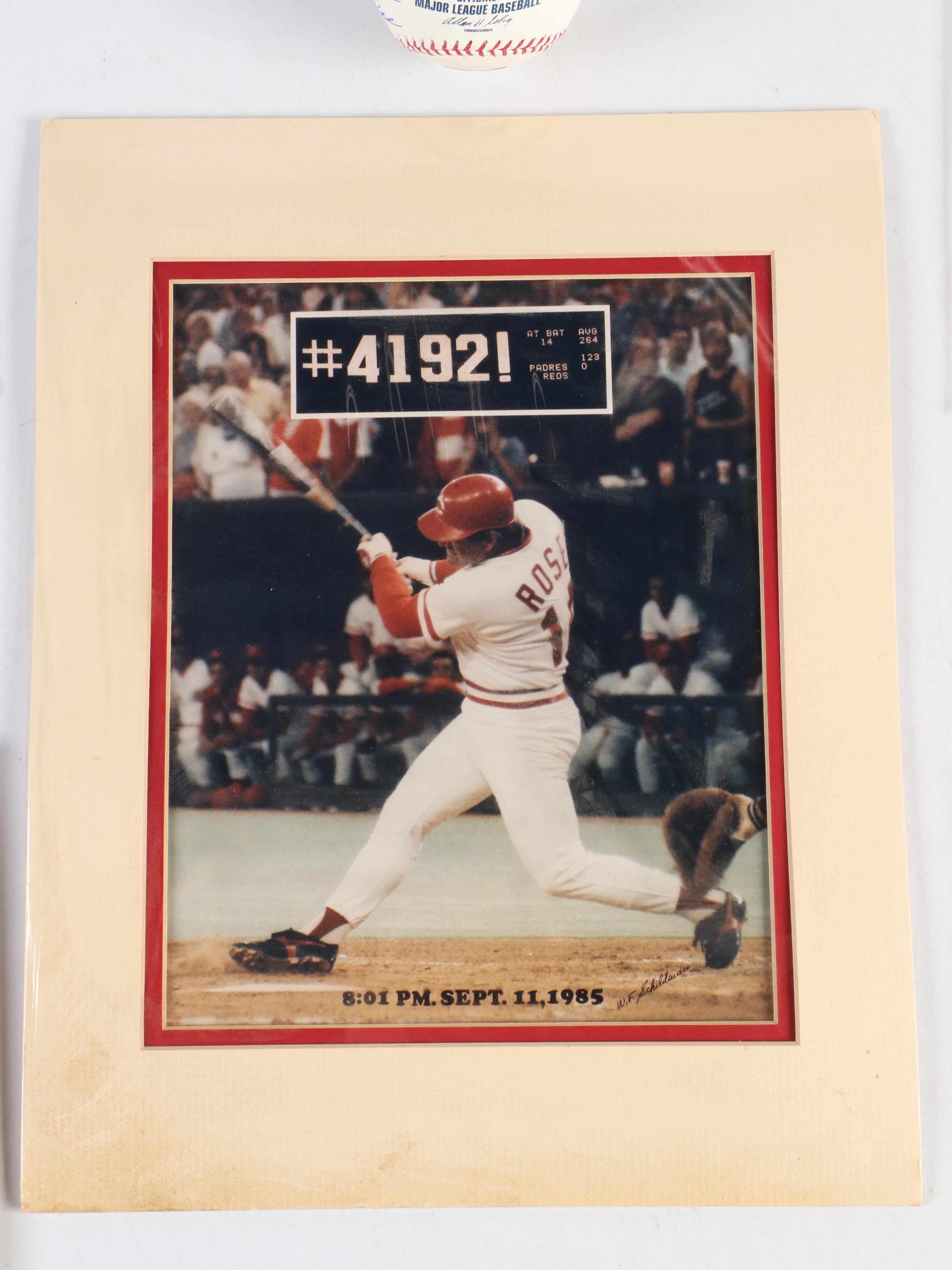 Pete Rose Signed Baseball with Magazines and Hit #4192 Matted Print