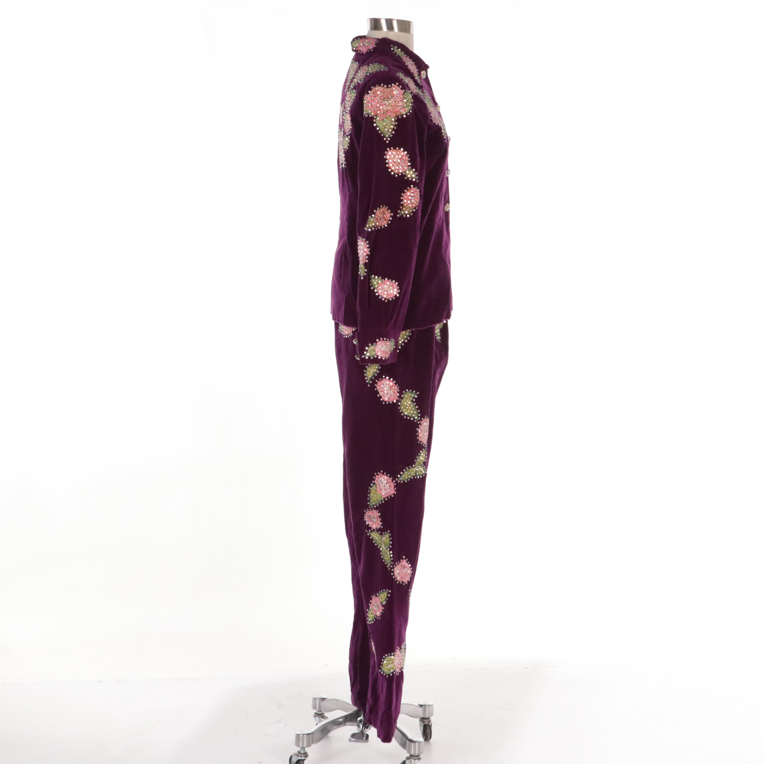 Western Pant Suit in Purple Velveteen with Rhinestone Encrusted Floral Appliqués