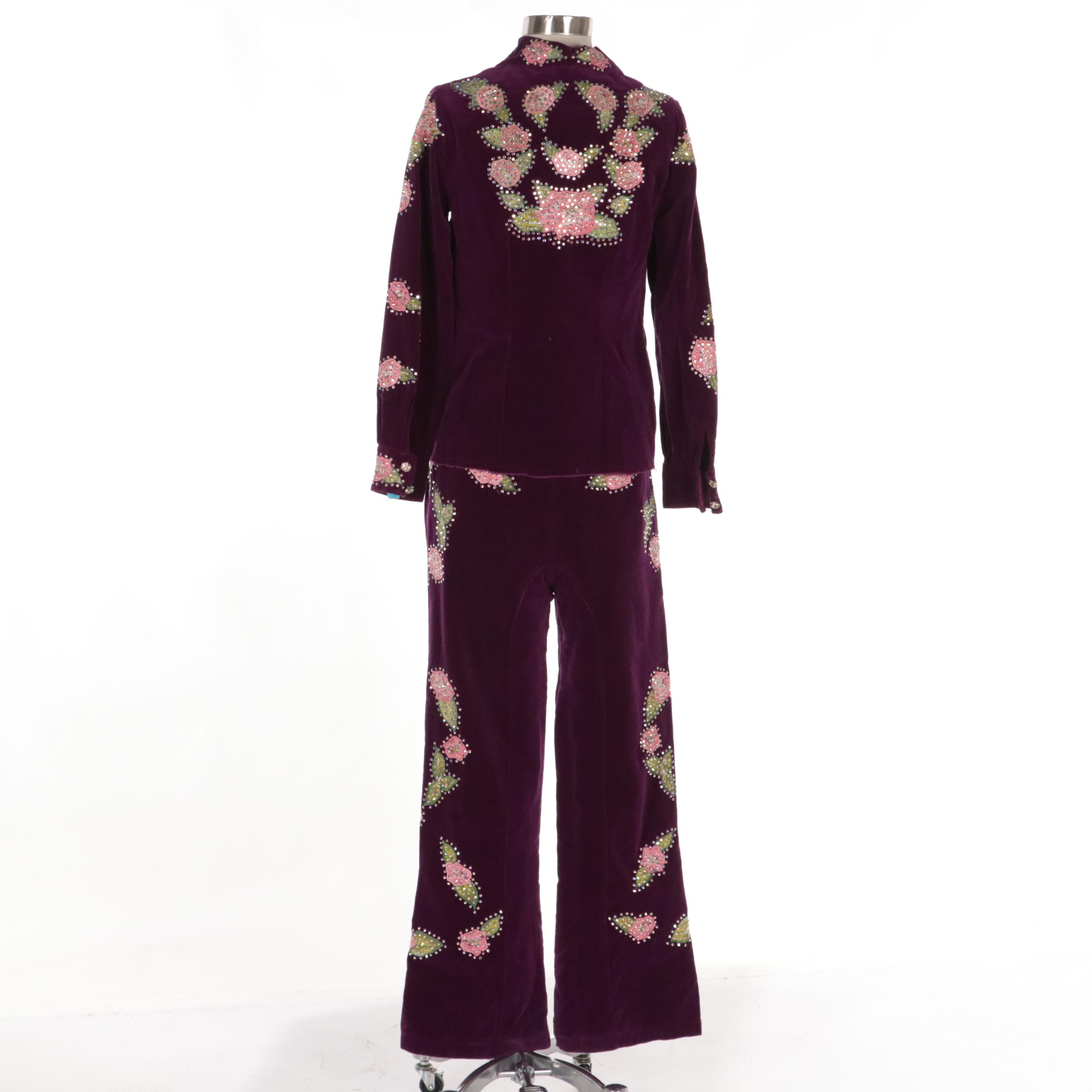 Western Pant Suit in Purple Velveteen with Rhinestone Encrusted Floral Appliqués