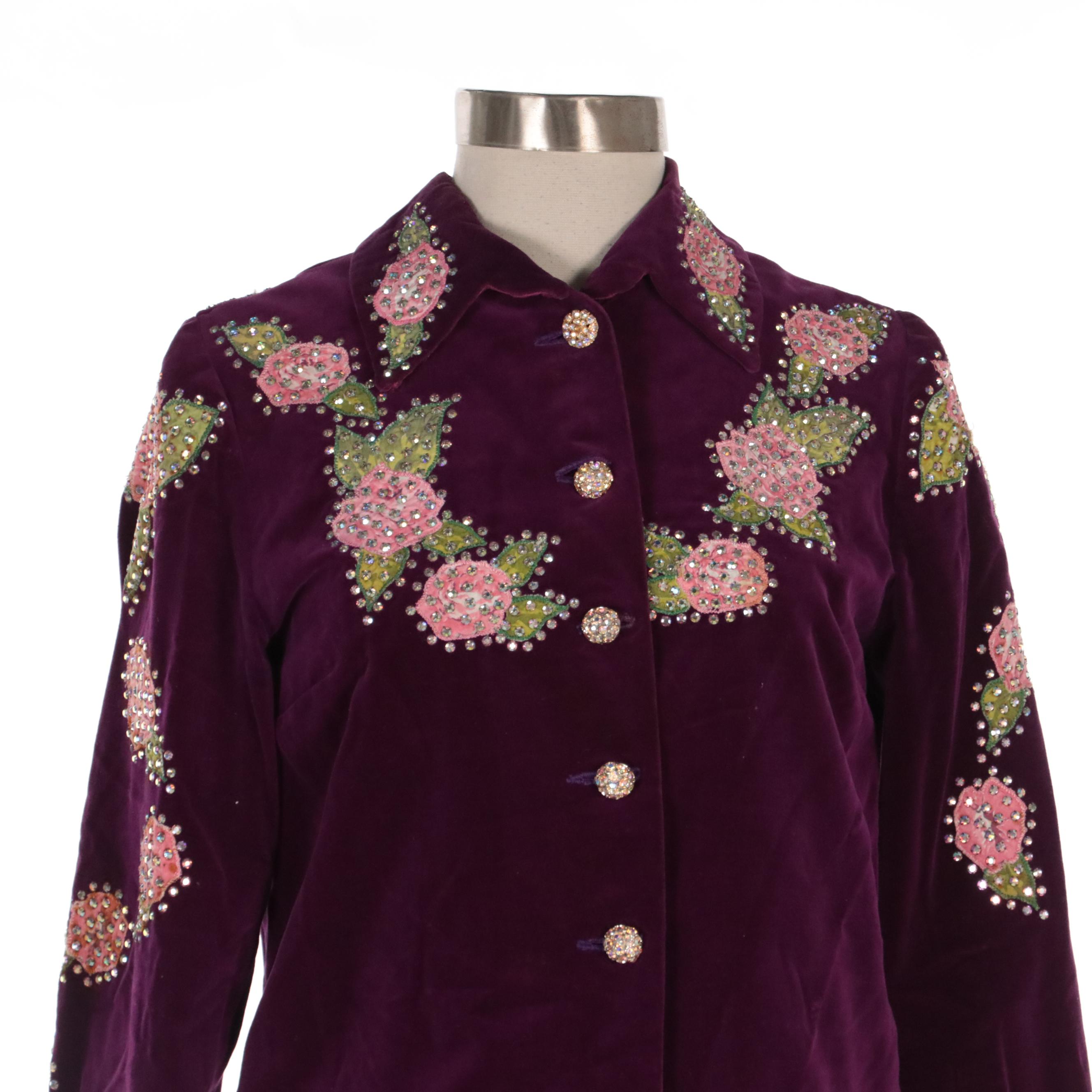 Western Pant Suit in Purple Velveteen with Rhinestone Encrusted Floral Appliqués