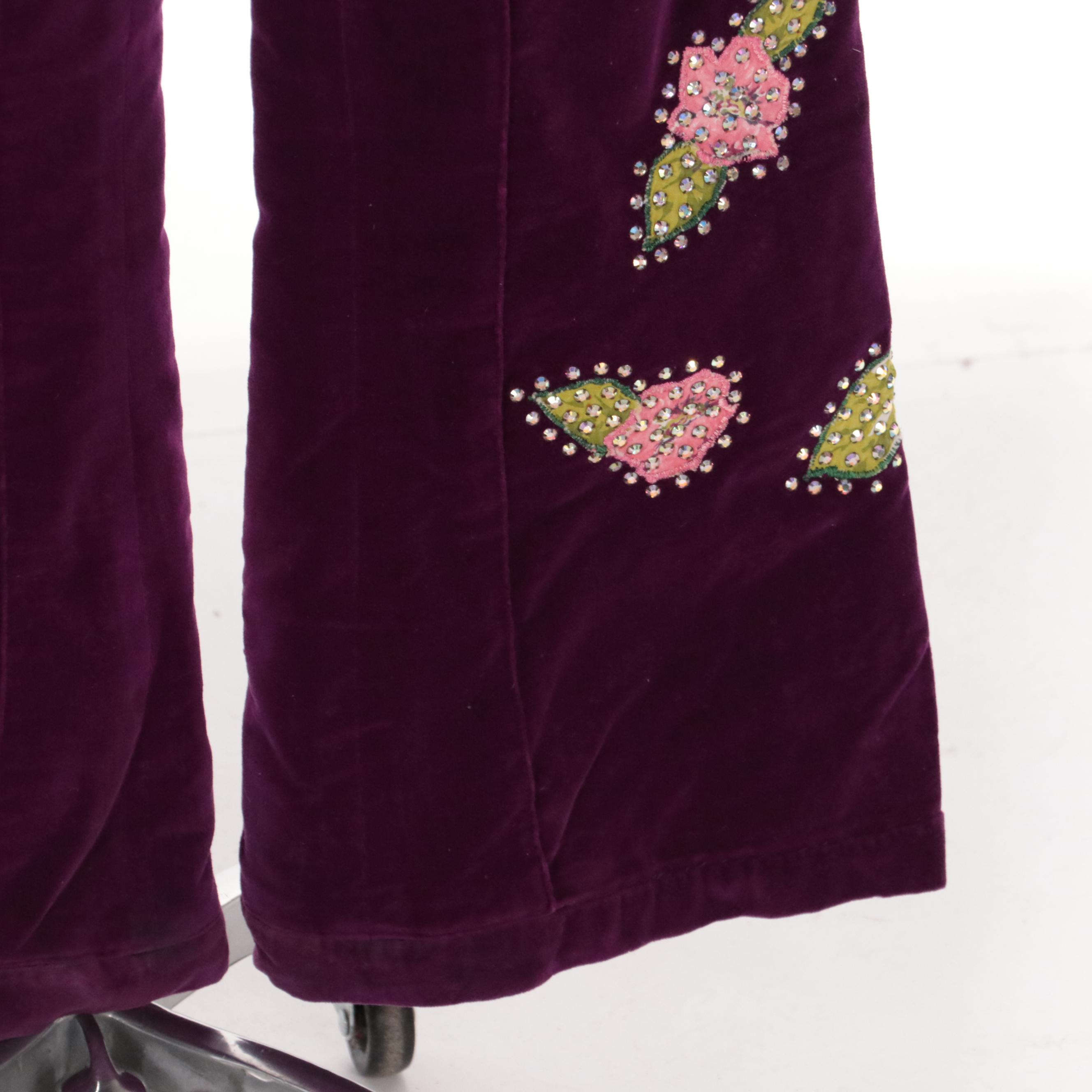 Western Pant Suit in Purple Velveteen with Rhinestone Encrusted Floral Appliqués