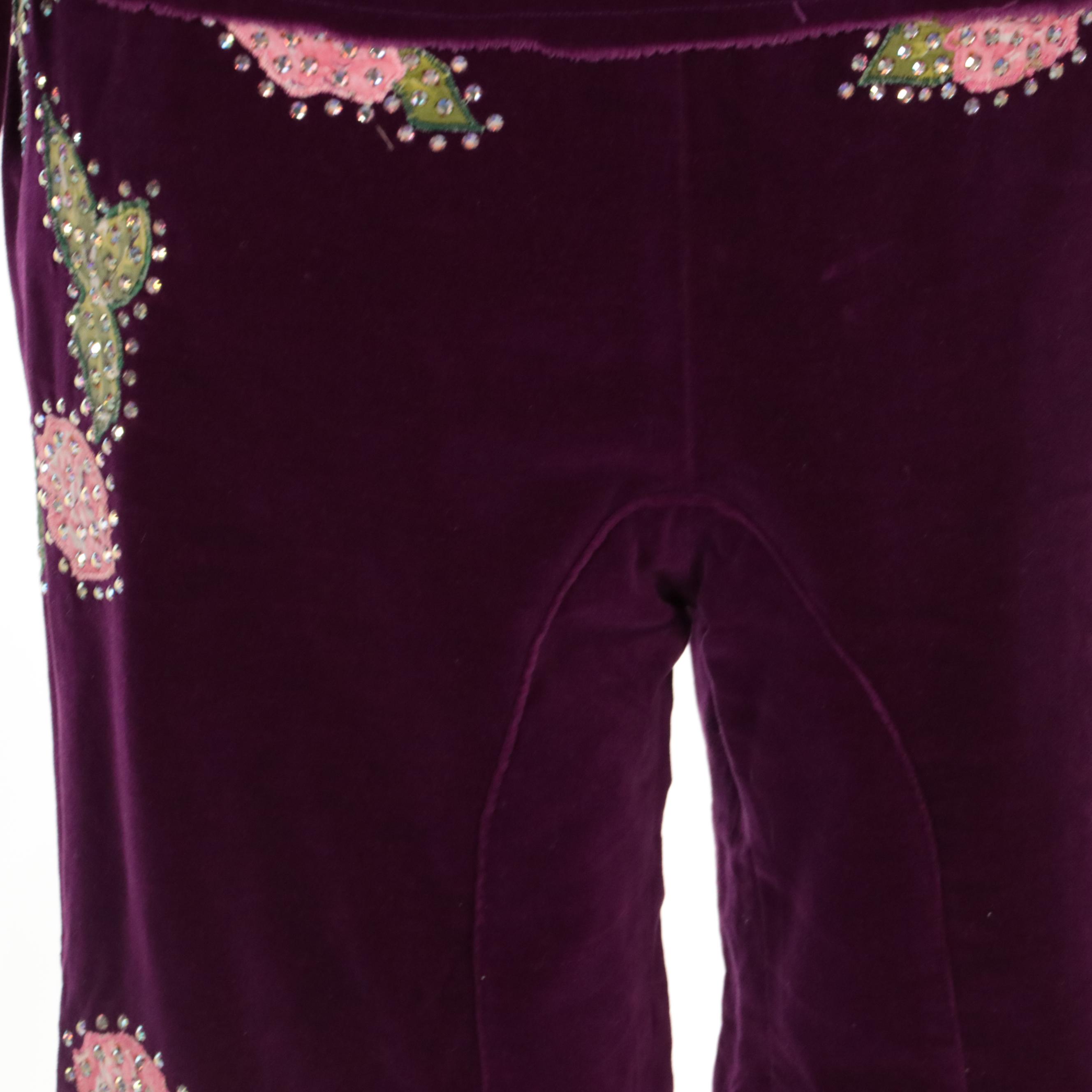 Western Pant Suit in Purple Velveteen with Rhinestone Encrusted Floral Appliqués
