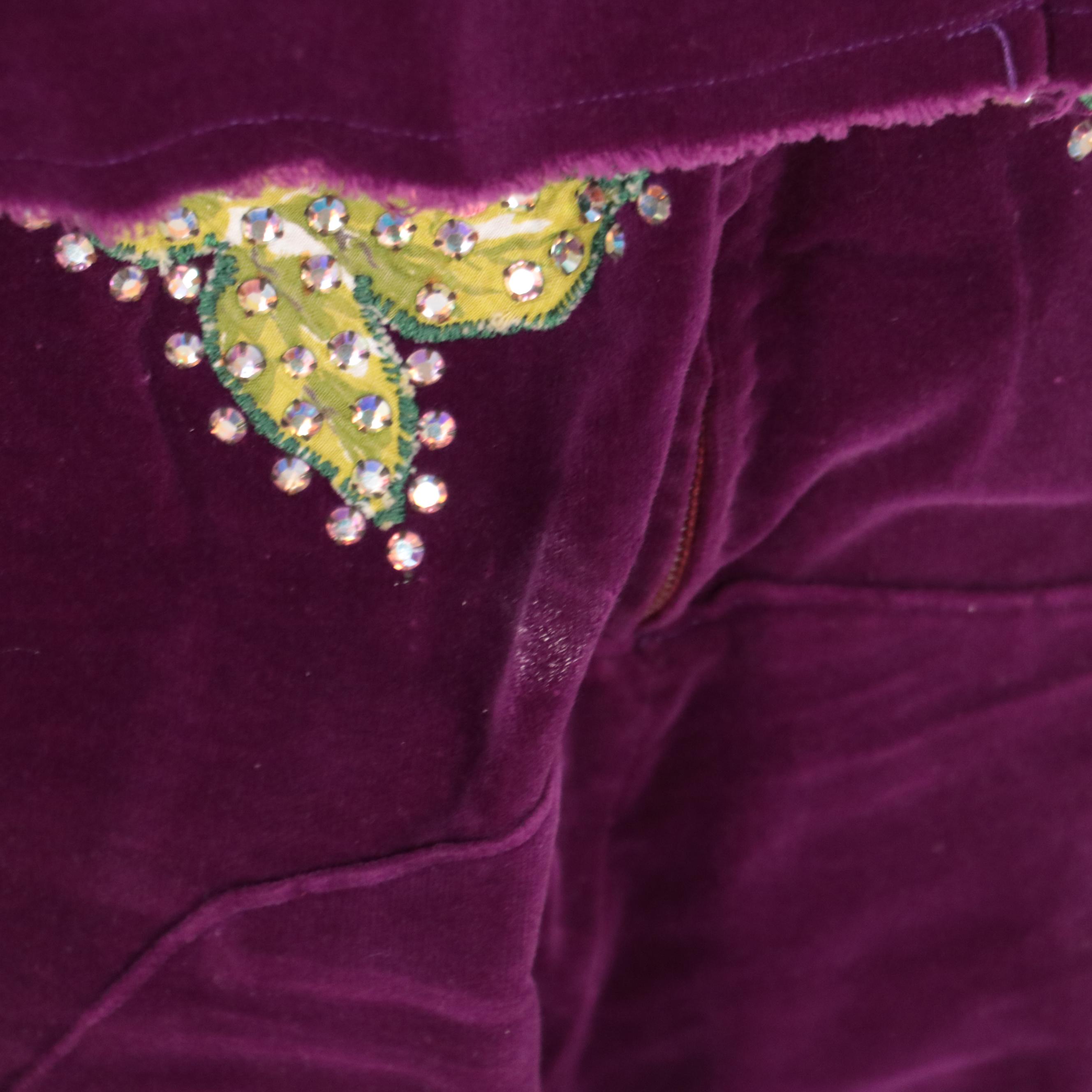 Western Pant Suit in Purple Velveteen with Rhinestone Encrusted Floral Appliqués