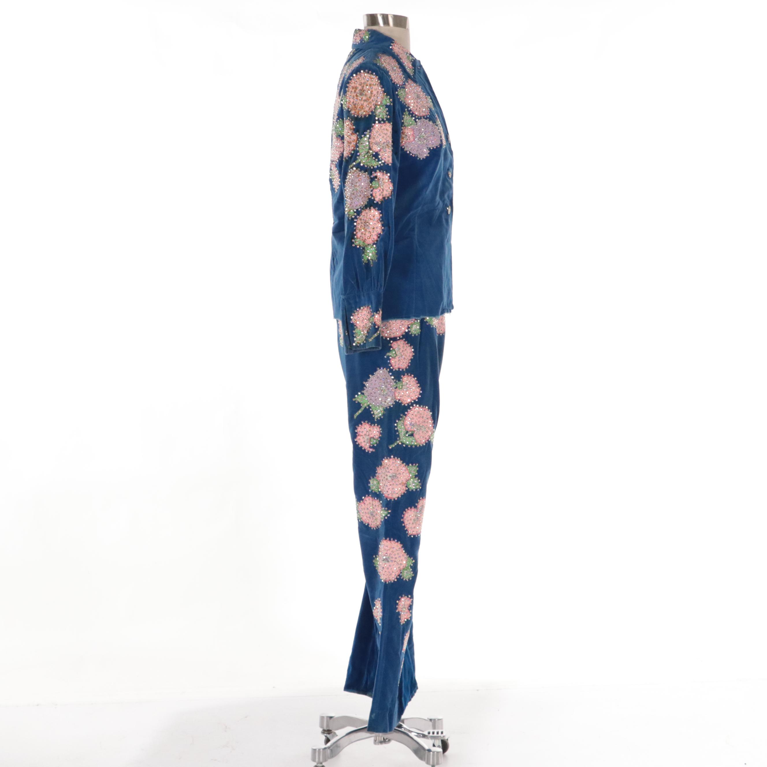 Western Pant Suit in Blue Velveteen with Rhinestone Encrusted Floral Appliqués