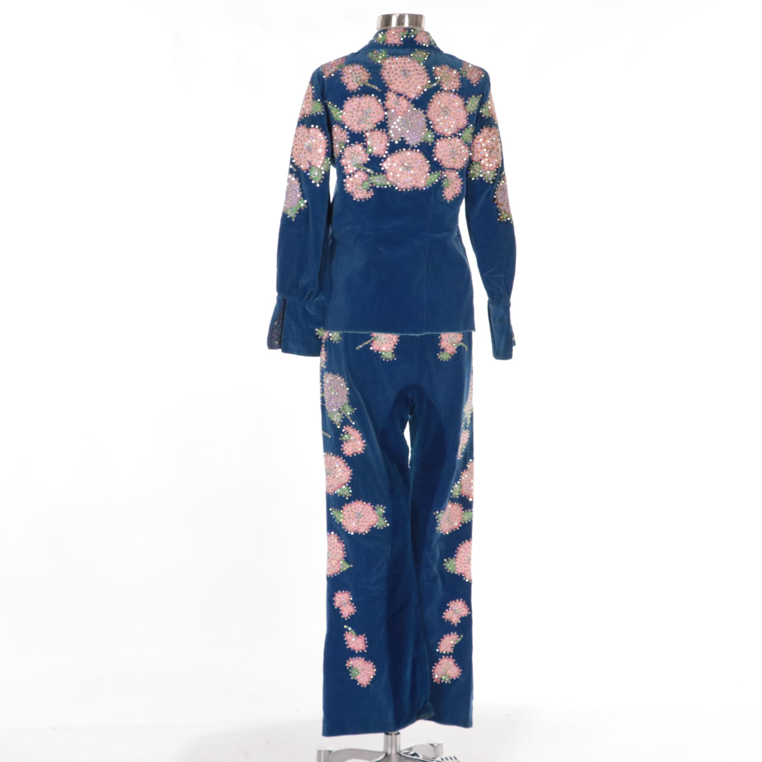 Western Pant Suit in Blue Velveteen with Rhinestone Encrusted Floral Appliqués