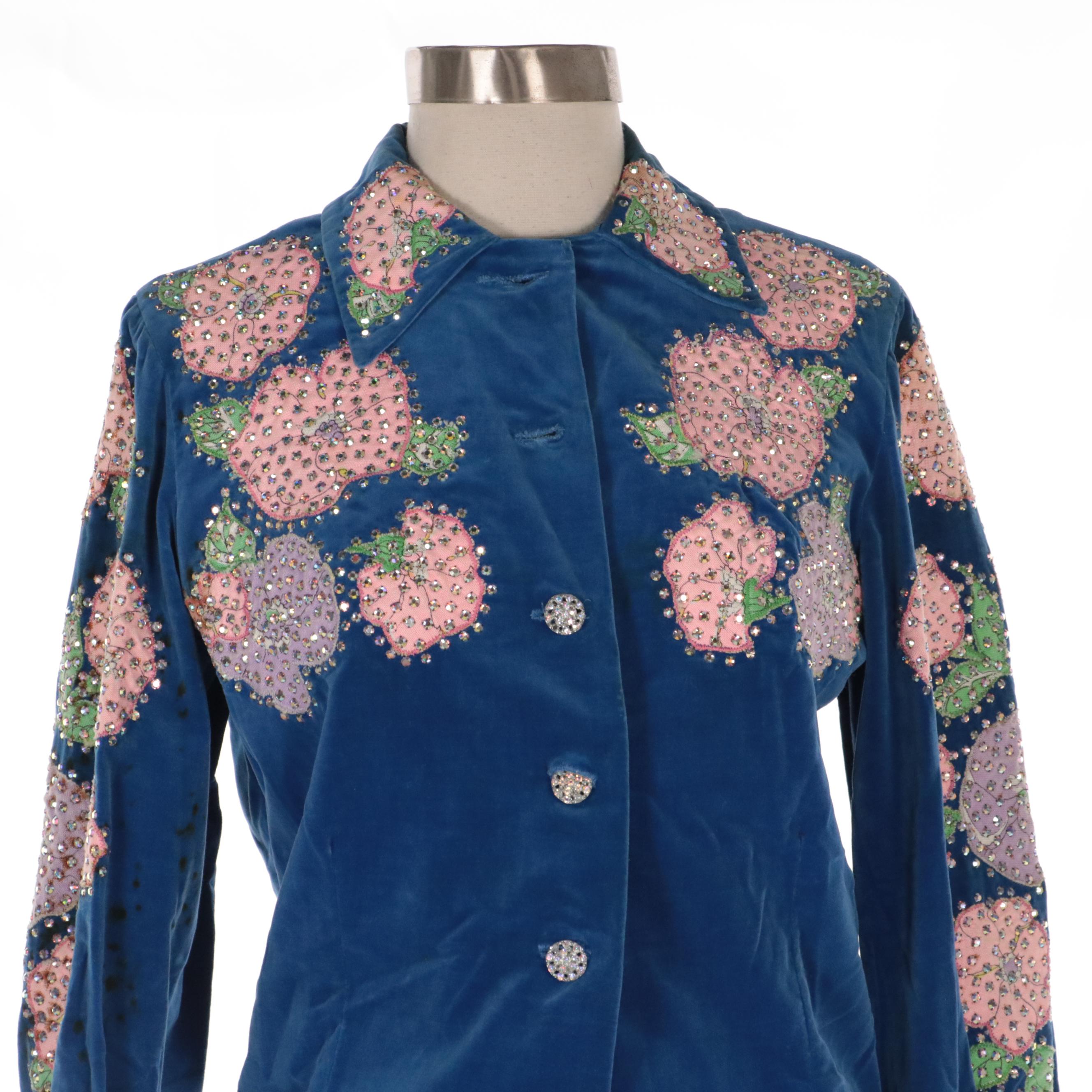 Western Pant Suit in Blue Velveteen with Rhinestone Encrusted Floral Appliqués