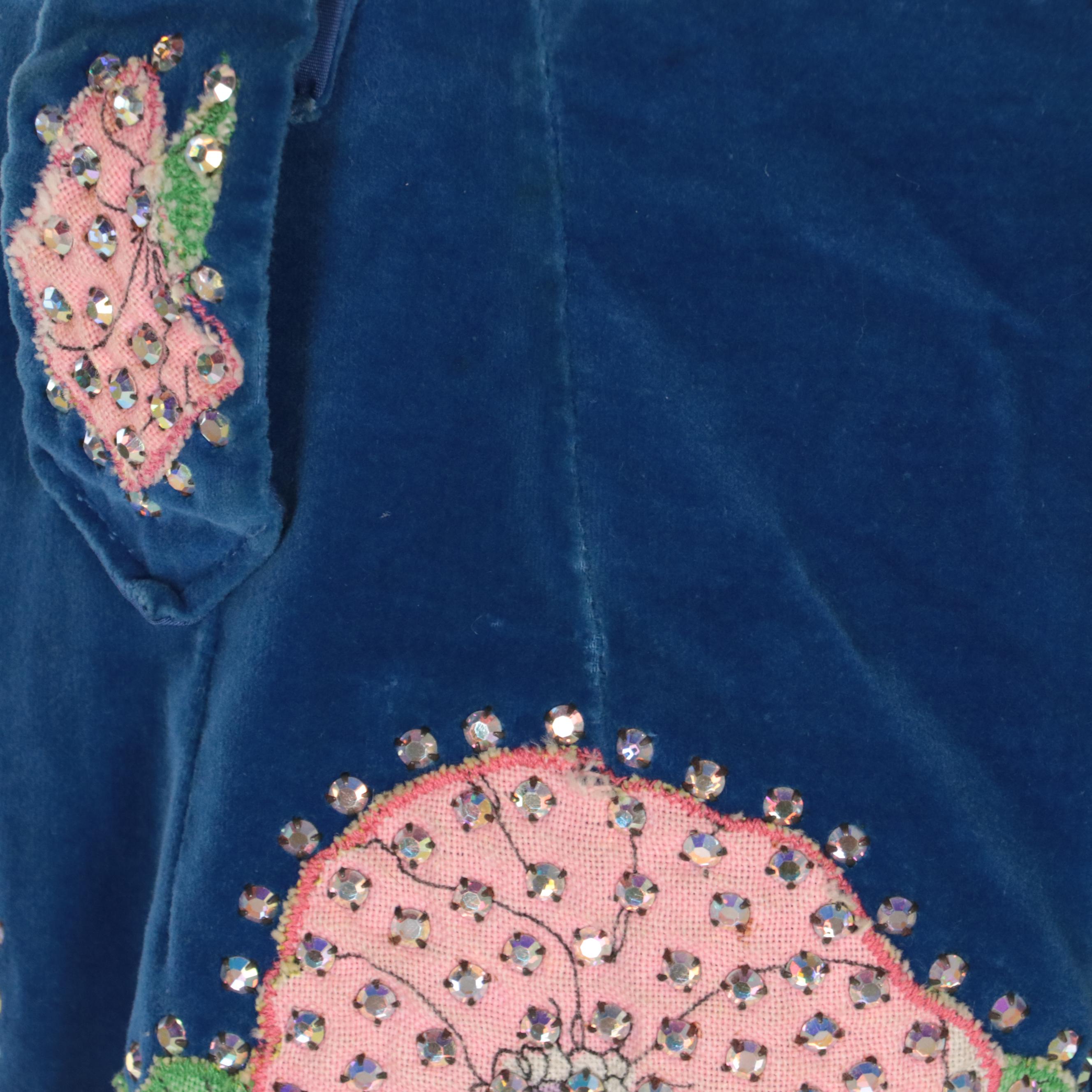 Western Pant Suit in Blue Velveteen with Rhinestone Encrusted Floral Appliqués