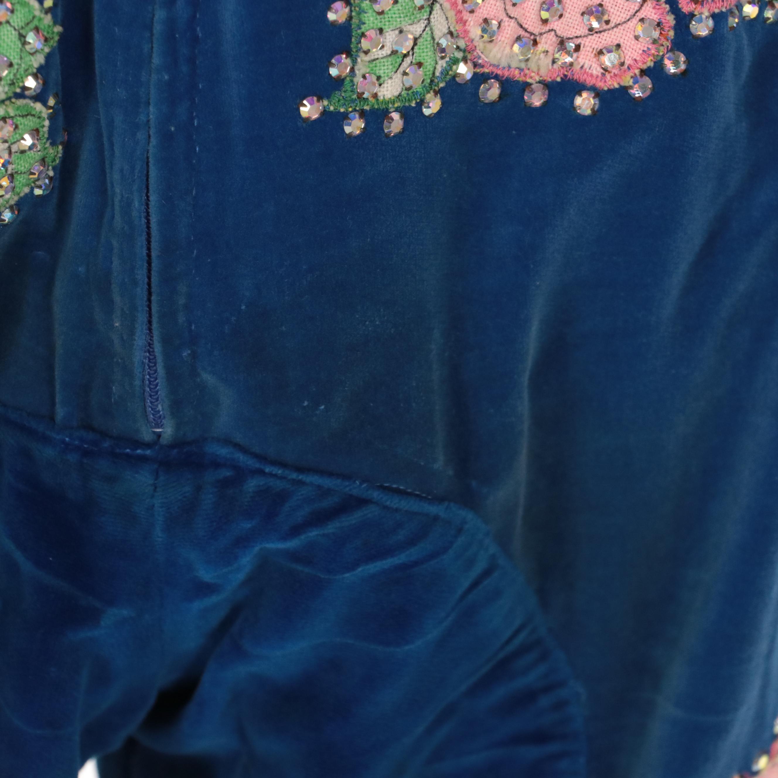 Western Pant Suit in Blue Velveteen with Rhinestone Encrusted Floral Appliqués