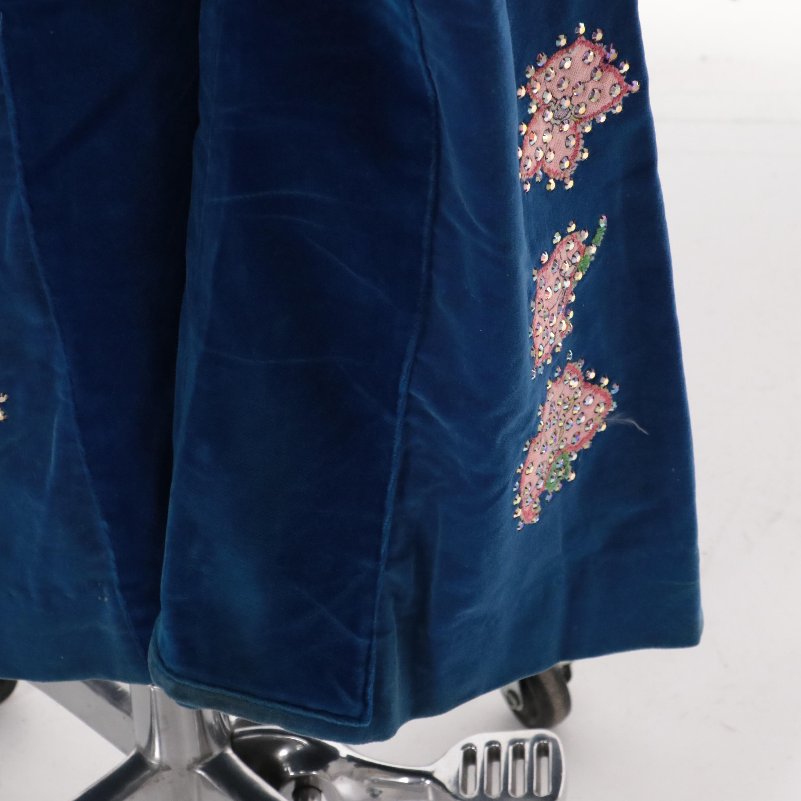 Western Pant Suit in Blue Velveteen with Rhinestone Encrusted Floral Appliqués