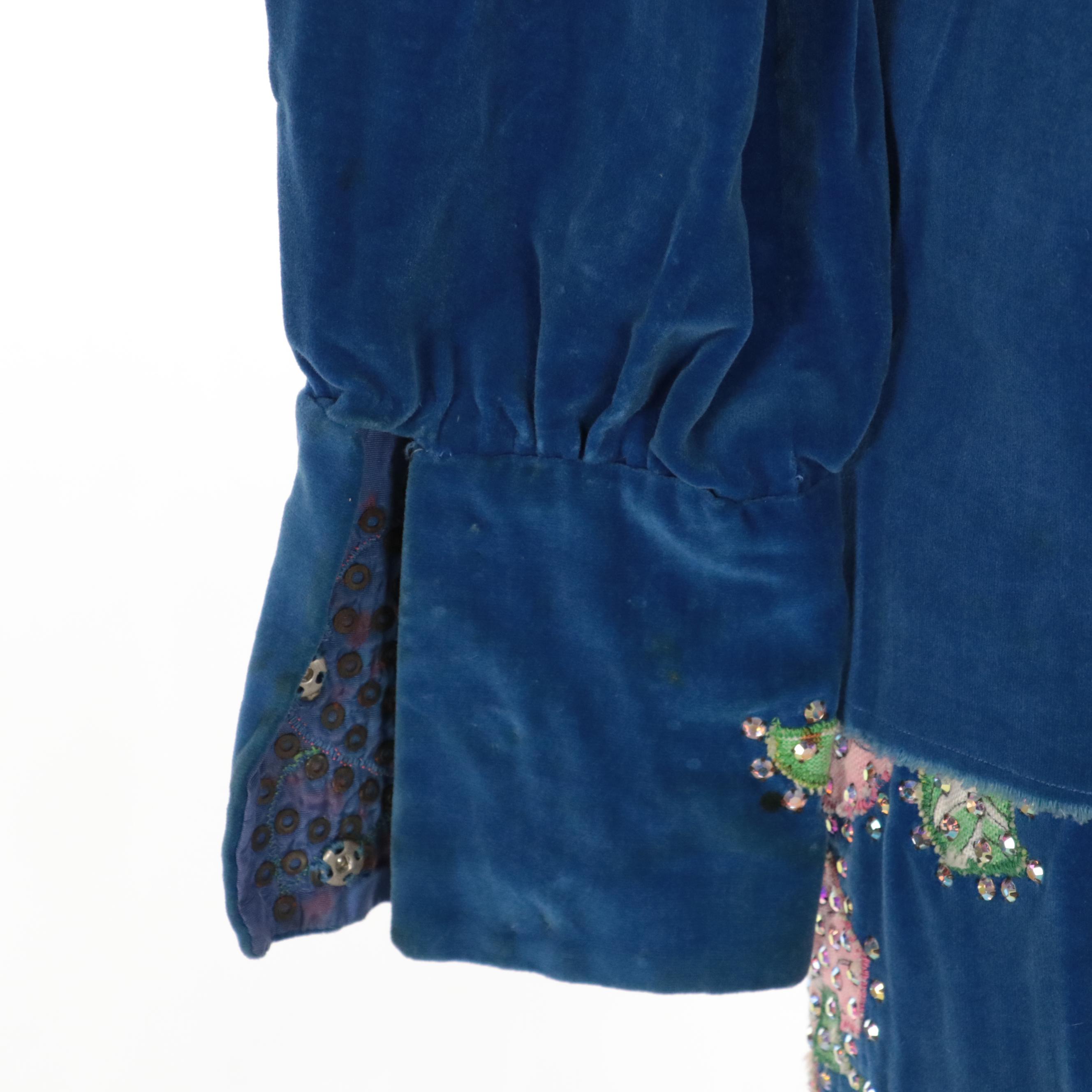 Western Pant Suit in Blue Velveteen with Rhinestone Encrusted Floral Appliqués