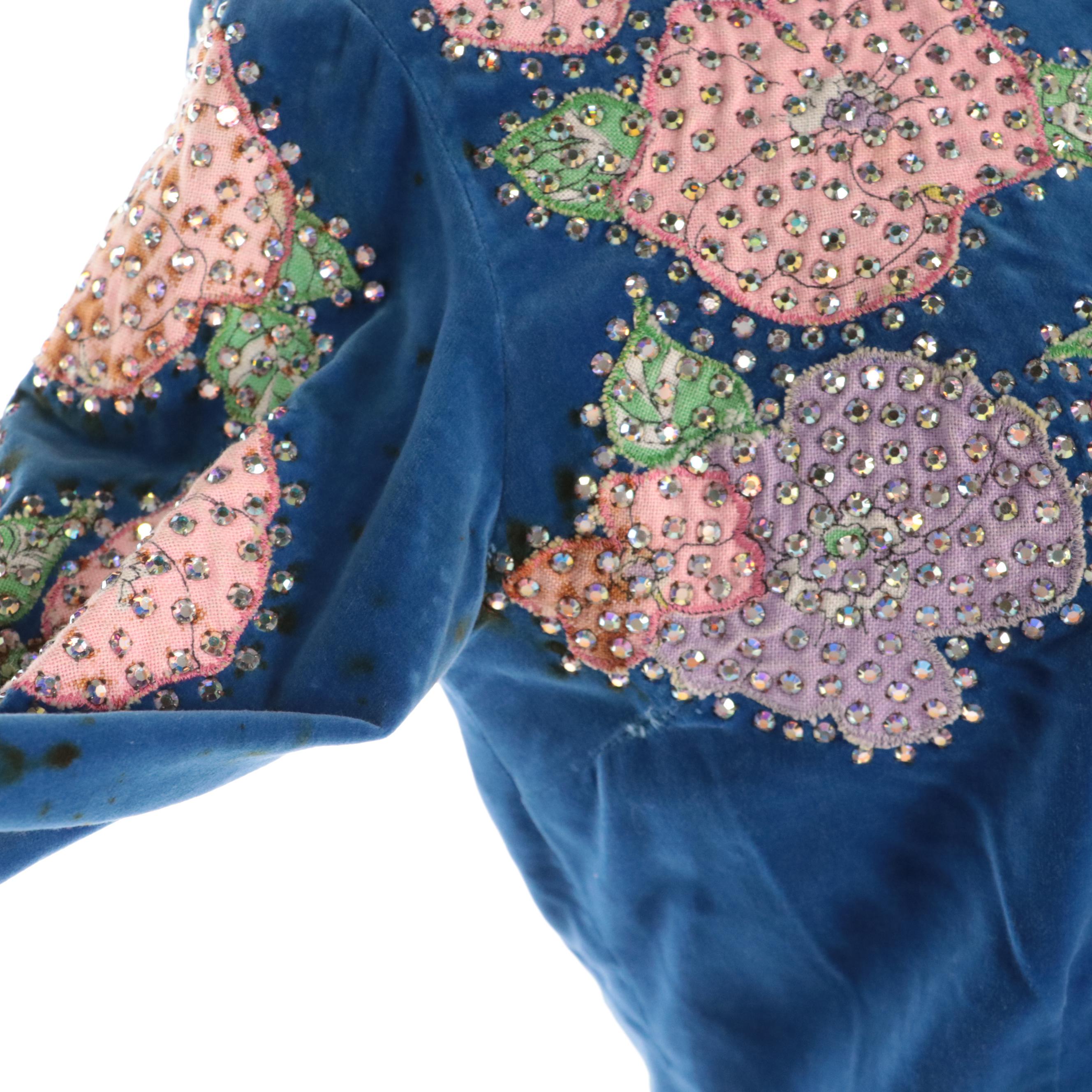 Western Pant Suit in Blue Velveteen with Rhinestone Encrusted Floral Appliqués