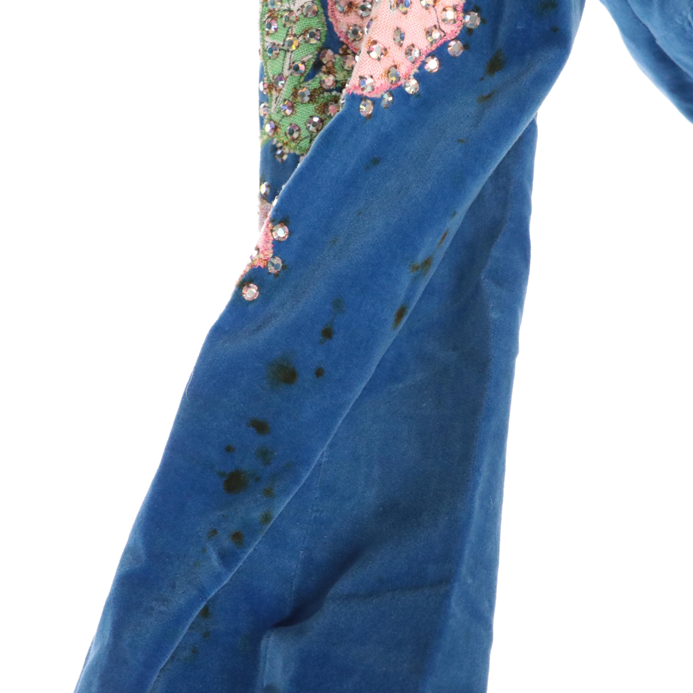 Western Pant Suit in Blue Velveteen with Rhinestone Encrusted Floral Appliqués