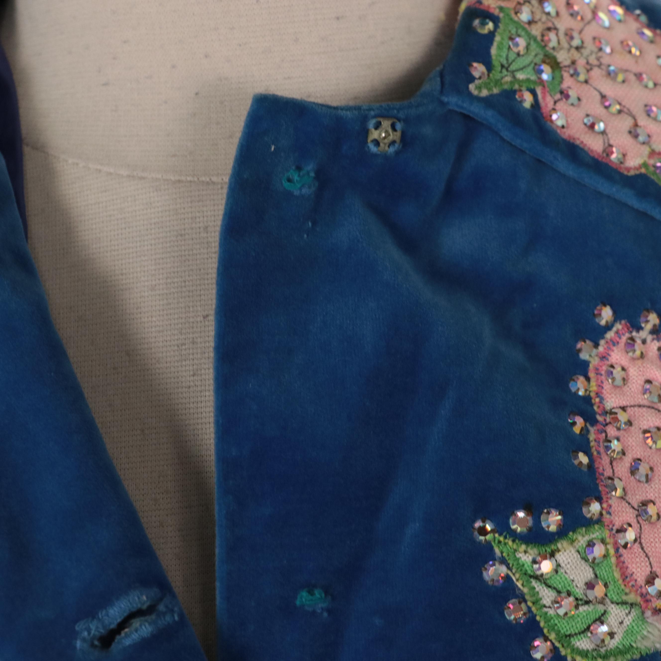 Western Pant Suit in Blue Velveteen with Rhinestone Encrusted Floral Appliqués
