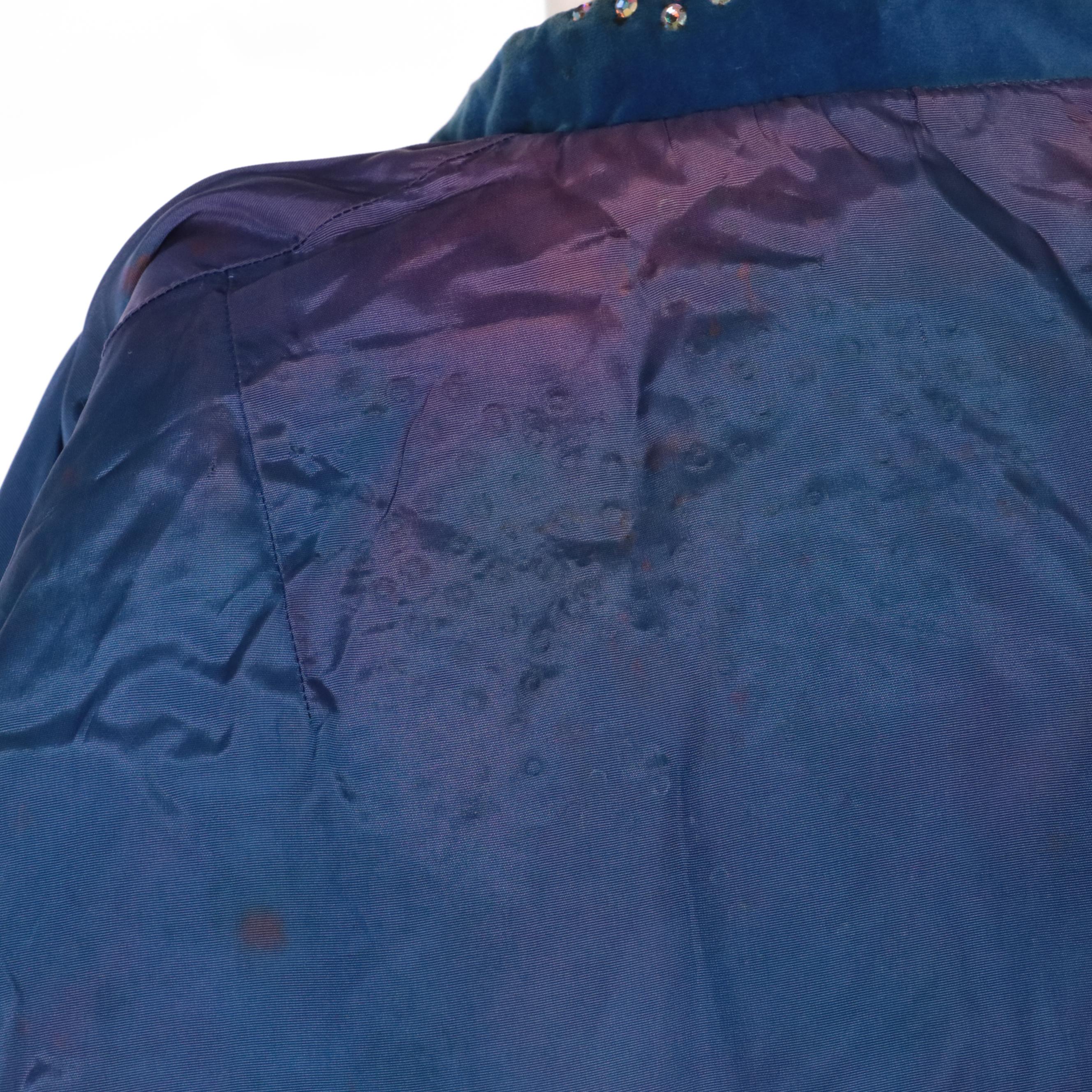 Western Pant Suit in Blue Velveteen with Rhinestone Encrusted Floral Appliqués