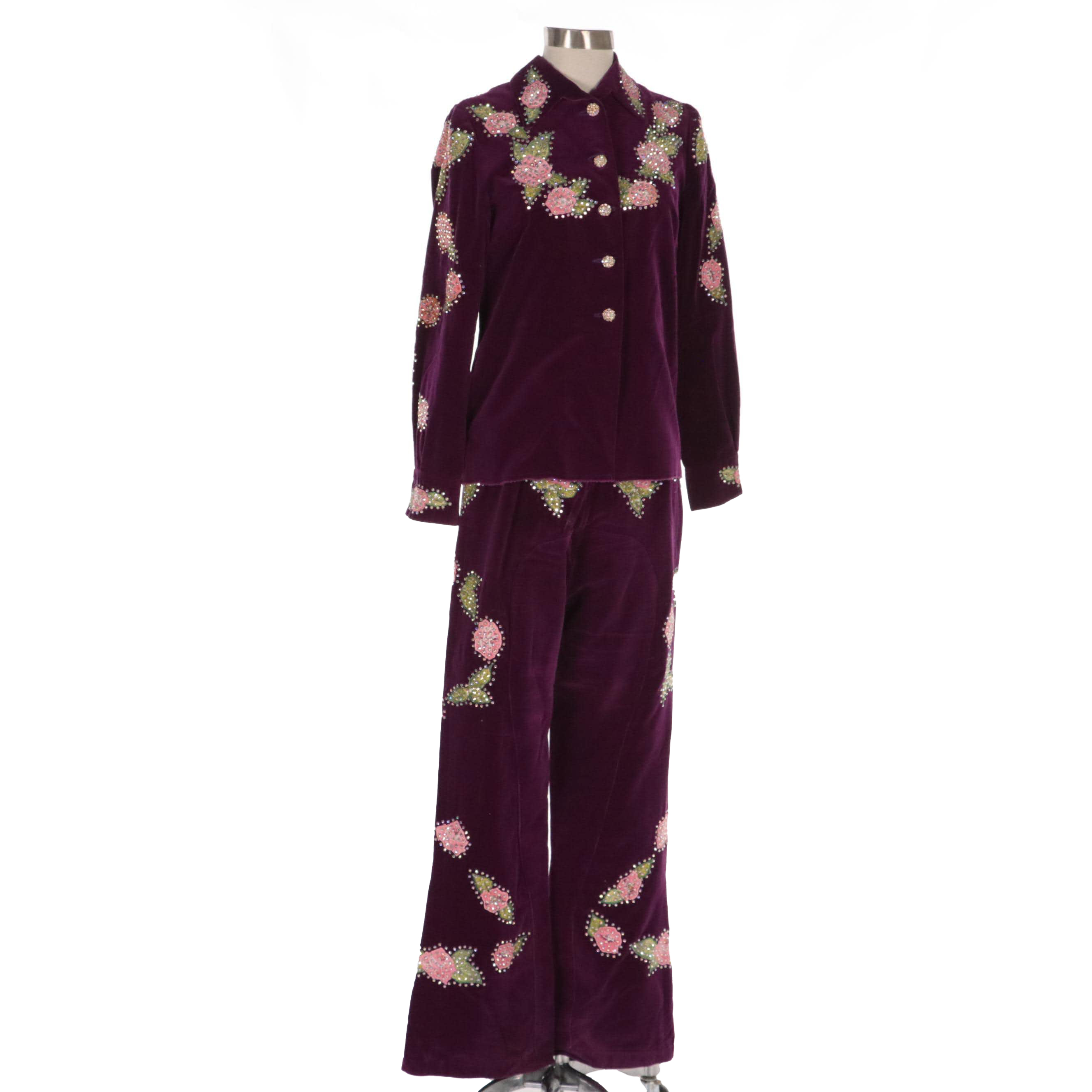 Western Pant Suit in Purple Velveteen with Rhinestone Encrusted Floral Appliqués