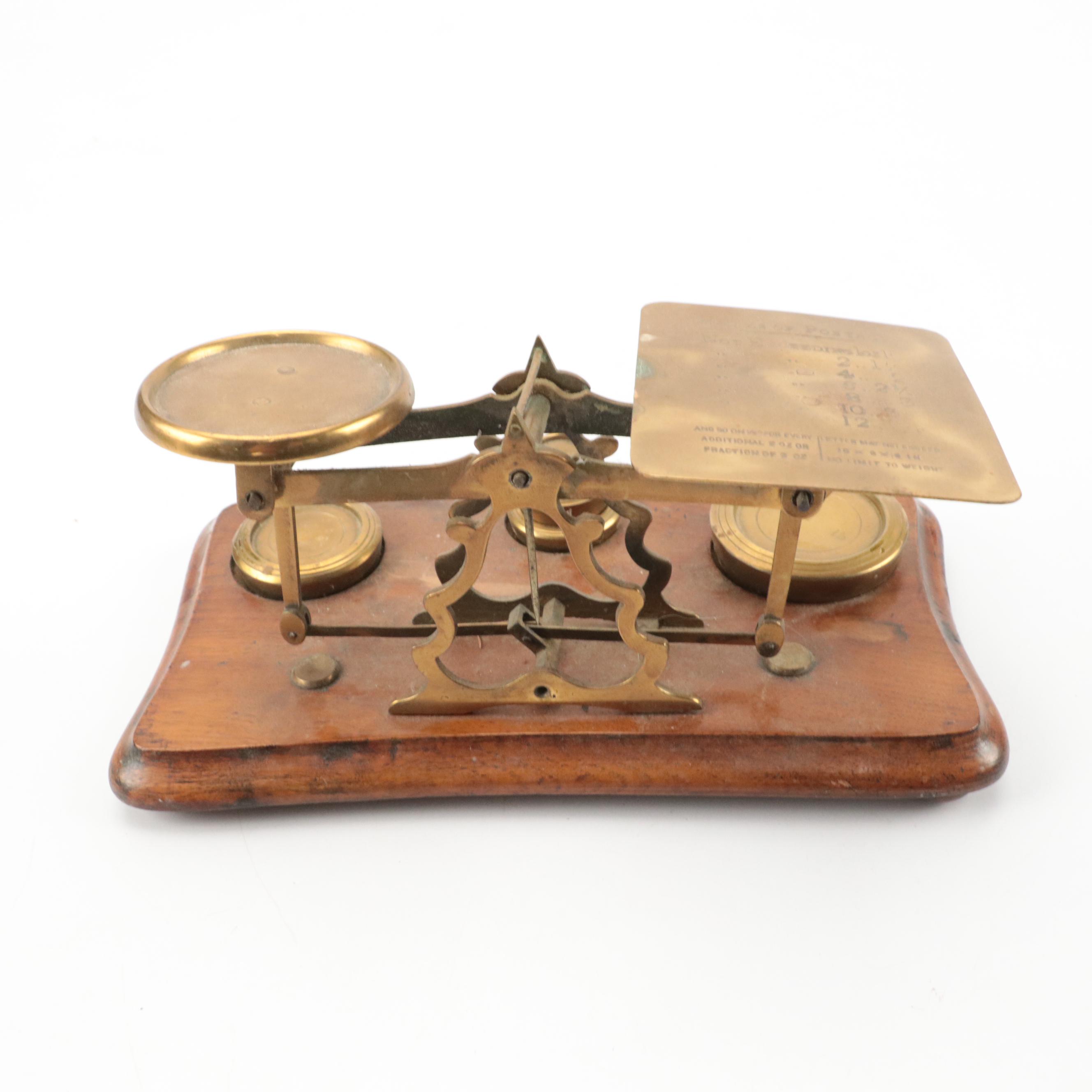 Brass and Wood Postal Letter Scale With Brass Weights, Antique
