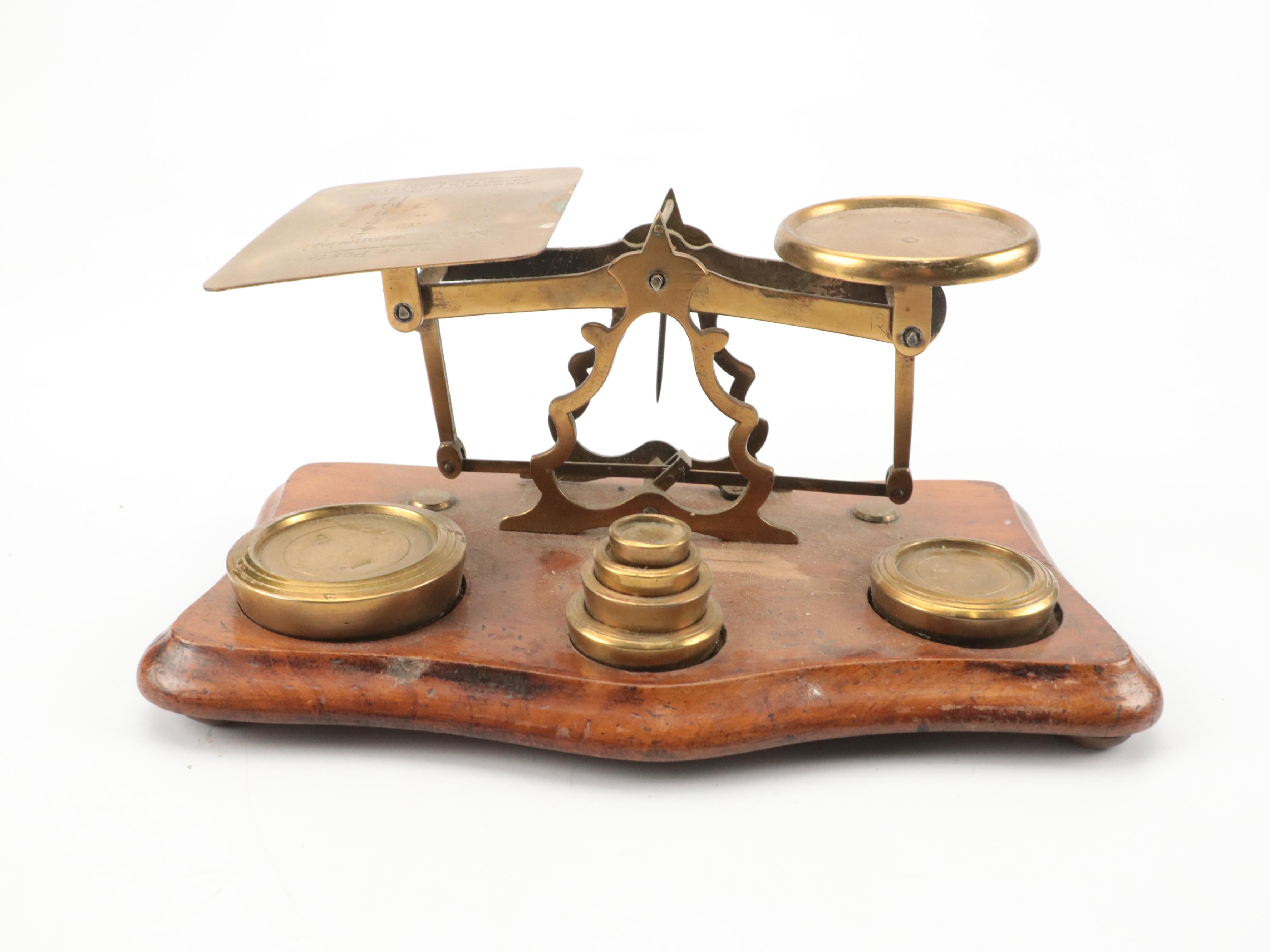 Brass and Wood Postal Letter Scale With Brass Weights, Antique