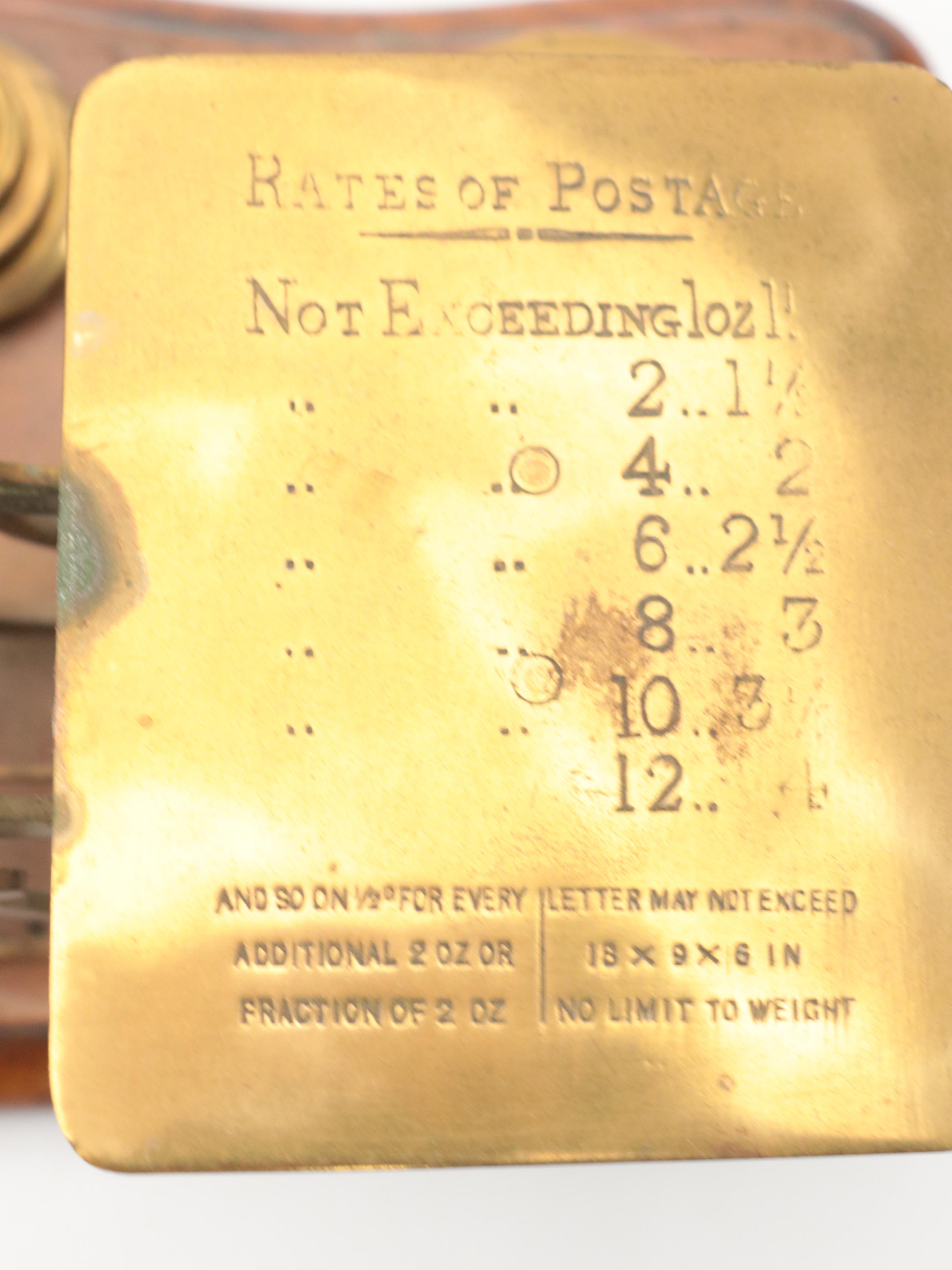 Brass and Wood Postal Letter Scale With Brass Weights, Antique