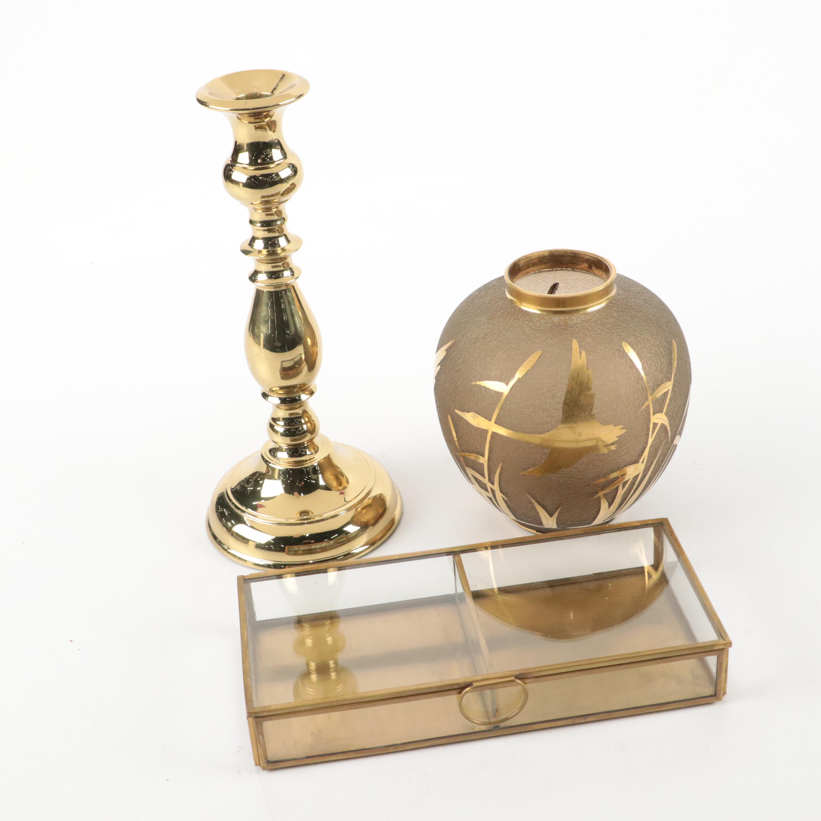 Glass Vase with Brass Overlay with Brass Candlestick and Display Bos
