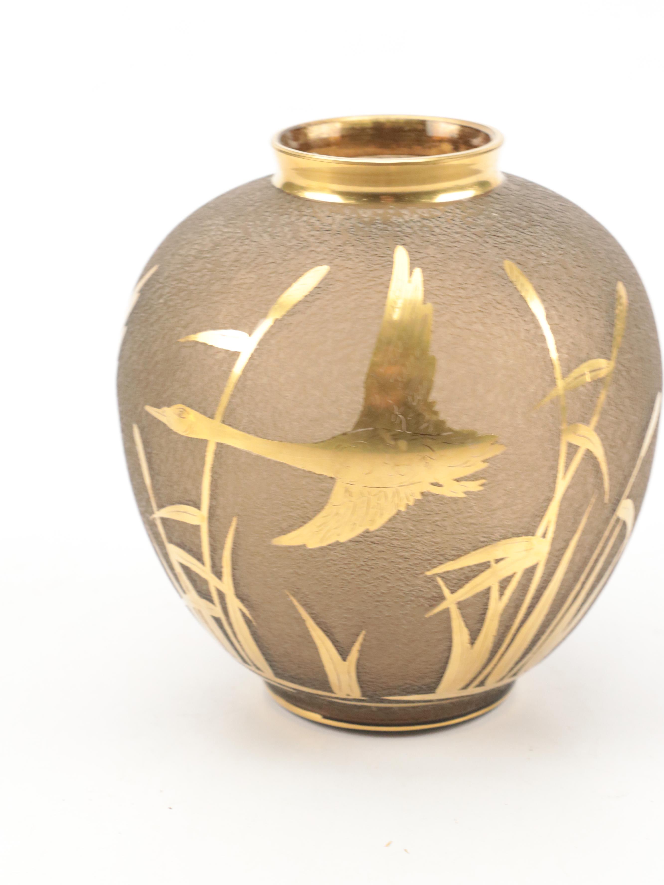 Glass Vase with Brass Overlay with Brass Candlestick and Display Bos