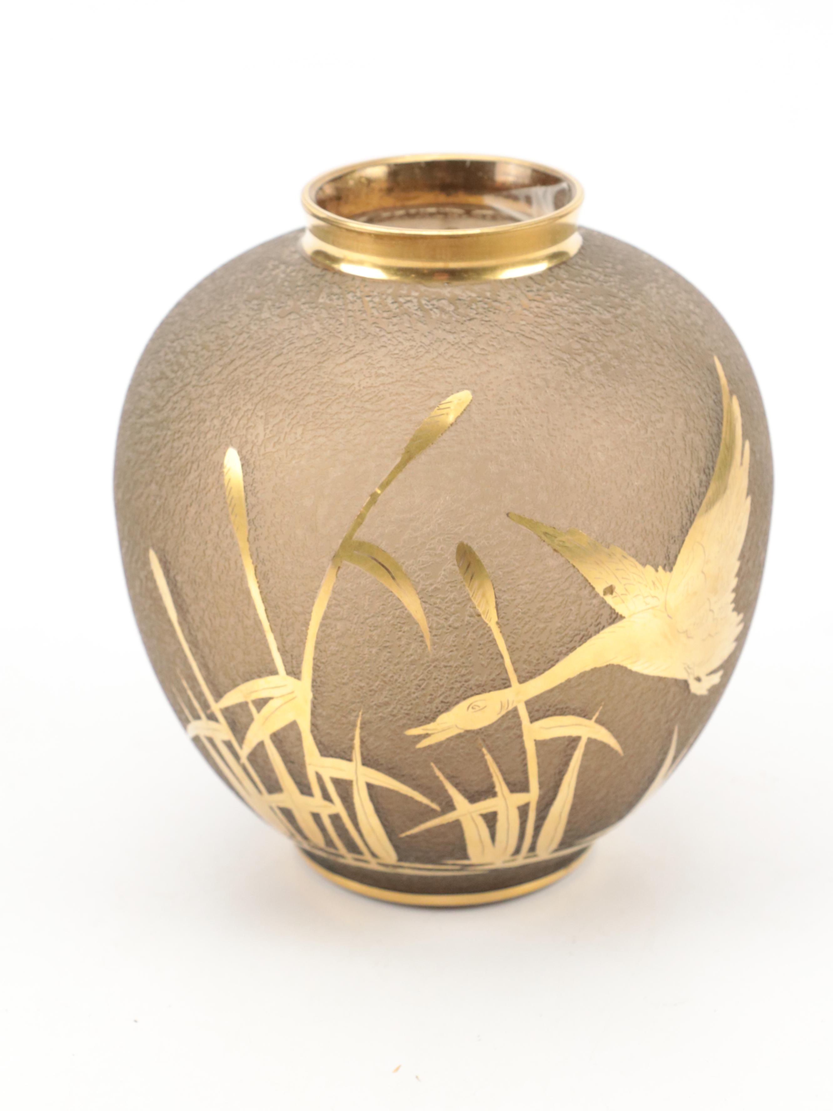 Glass Vase with Brass Overlay with Brass Candlestick and Display Bos