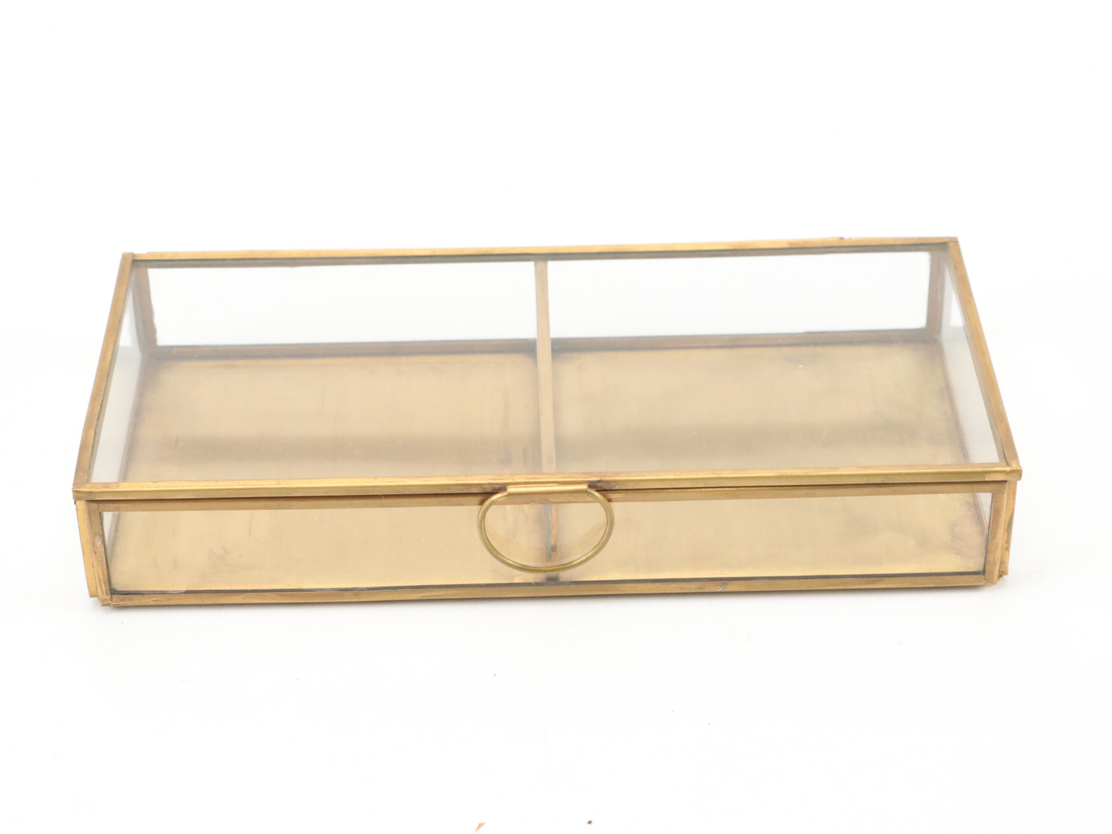 Glass Vase with Brass Overlay with Brass Candlestick and Display Bos