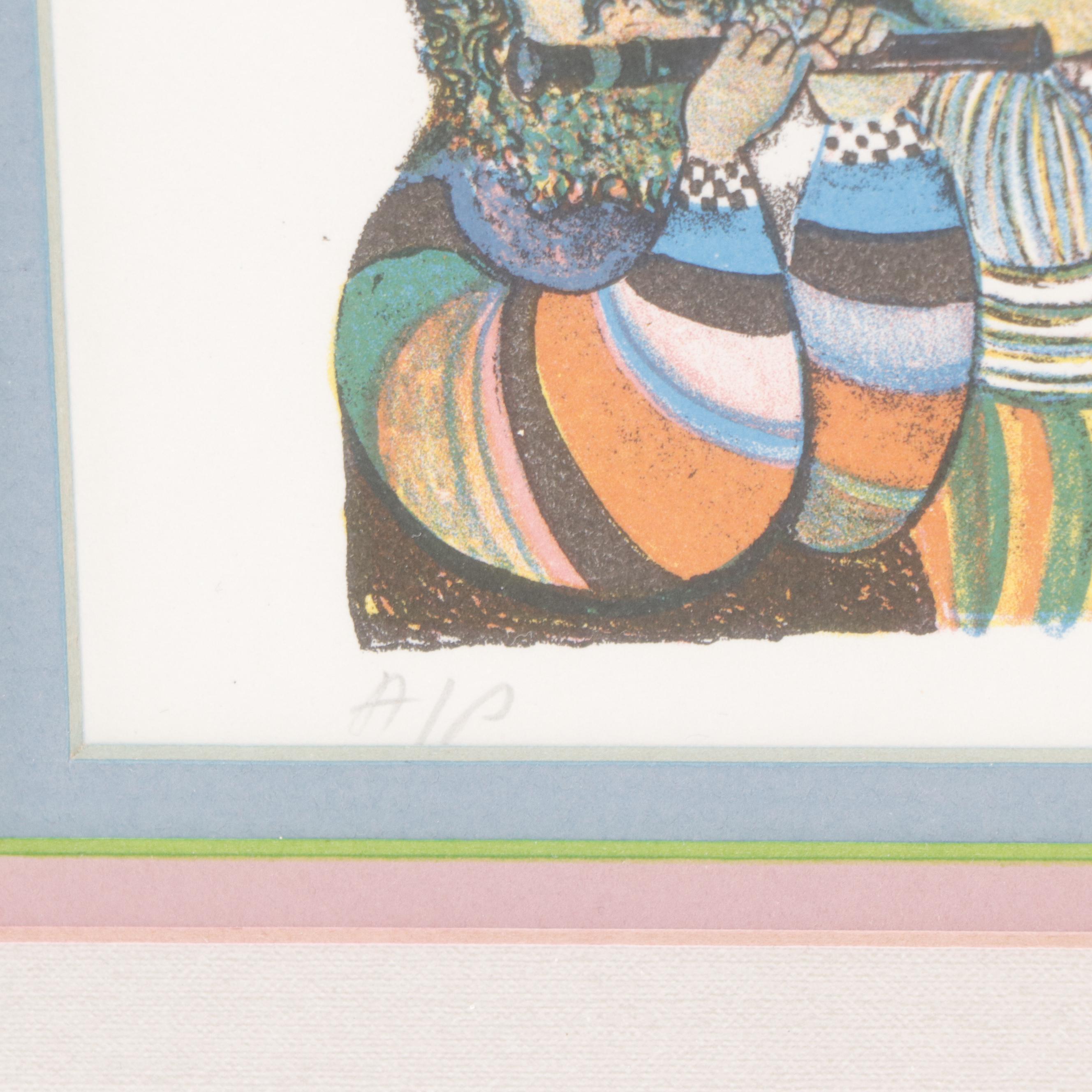 Graciela Rodo Boulanger Folk Art Lithograph of Three Musicians