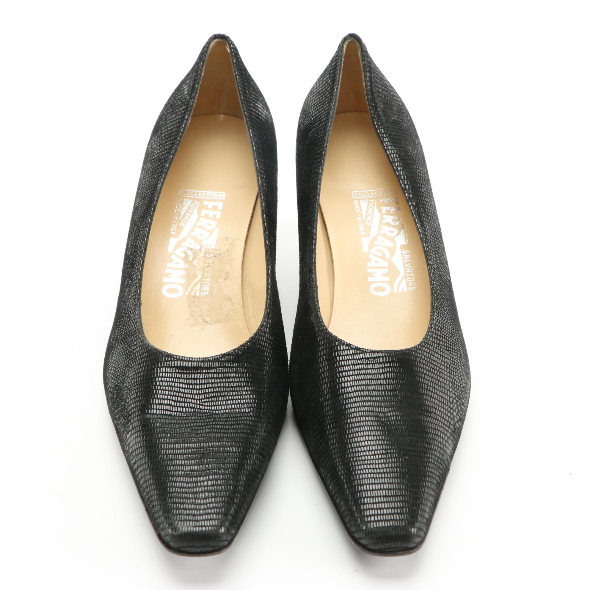 Salvatore Ferragamo Black Lizard Print Leather Pumps