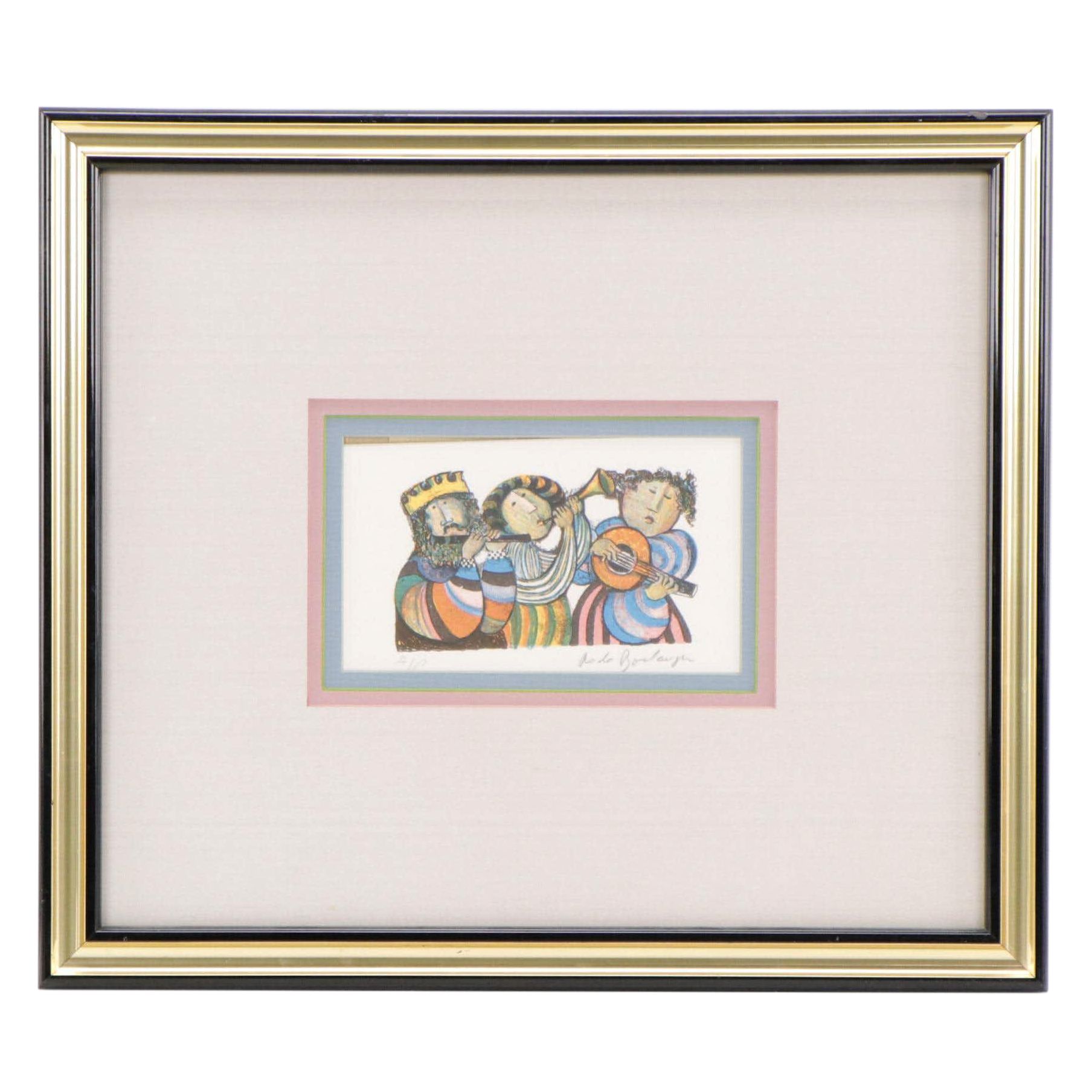 Graciela Rodo Boulanger Folk Art Lithograph of Three Musicians