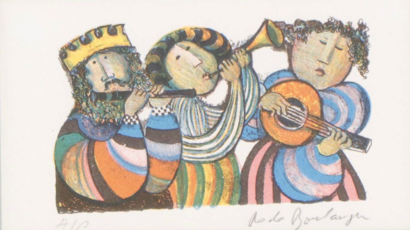 Graciela Rodo Boulanger Folk Art Lithograph of Three Musicians