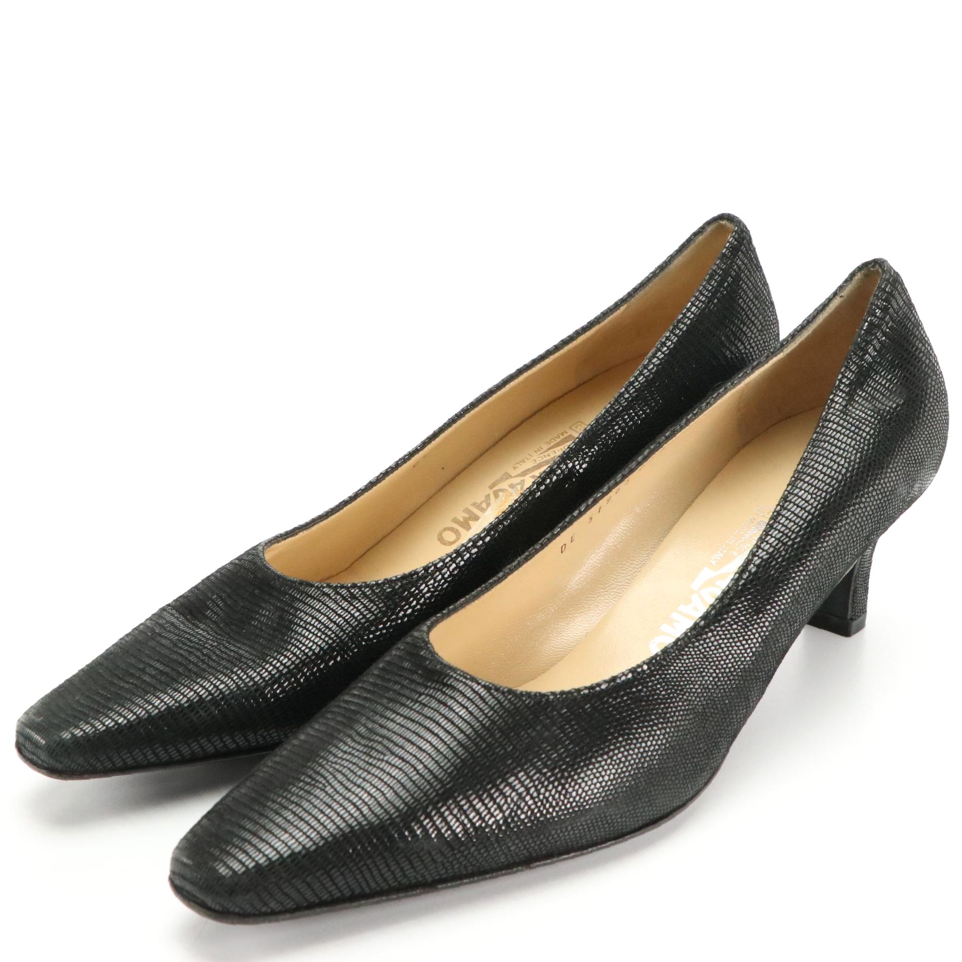 Salvatore Ferragamo Black Lizard Print Leather Pumps