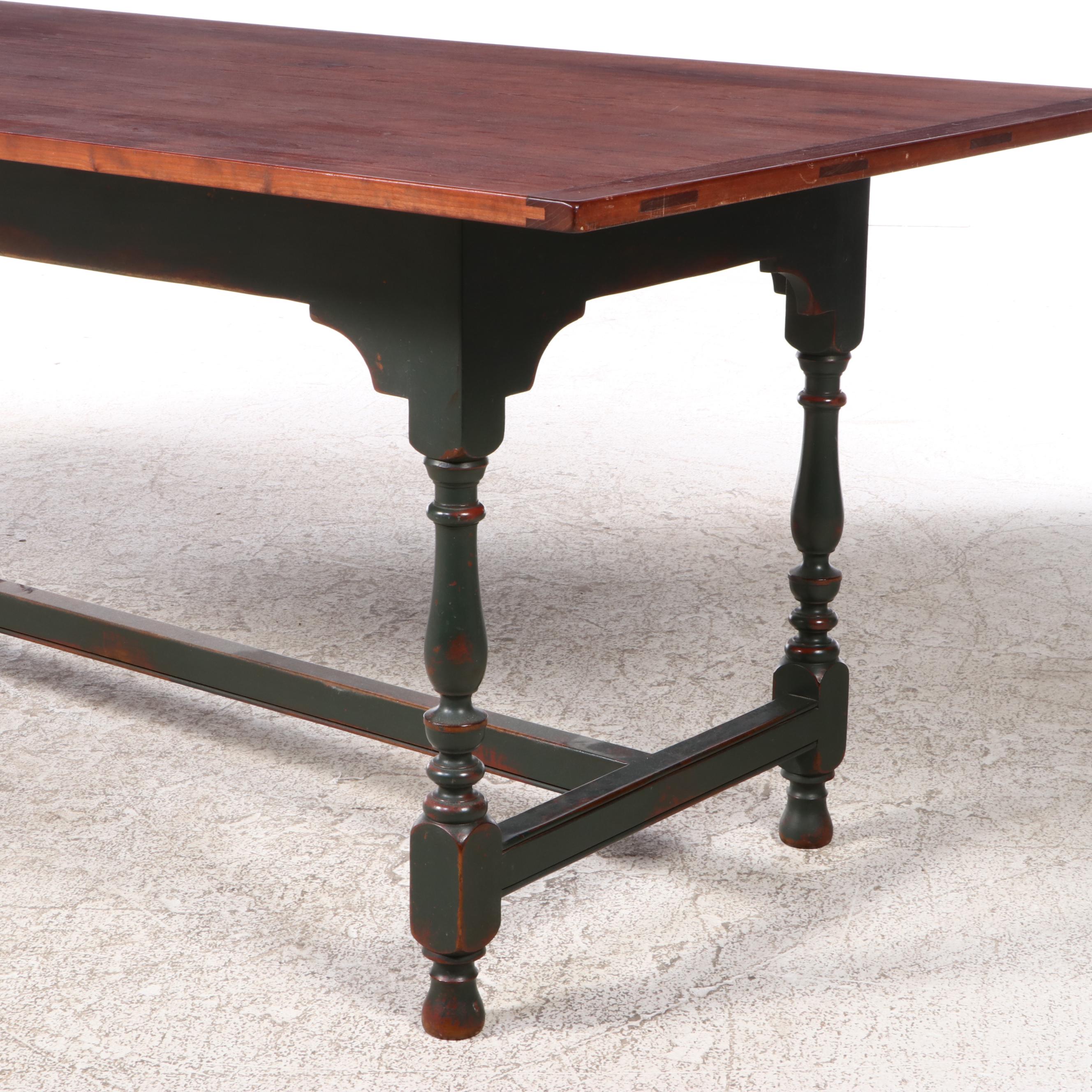 American Colonial Style Cherrywood and Green-Painted Trestle-Base Dining Table