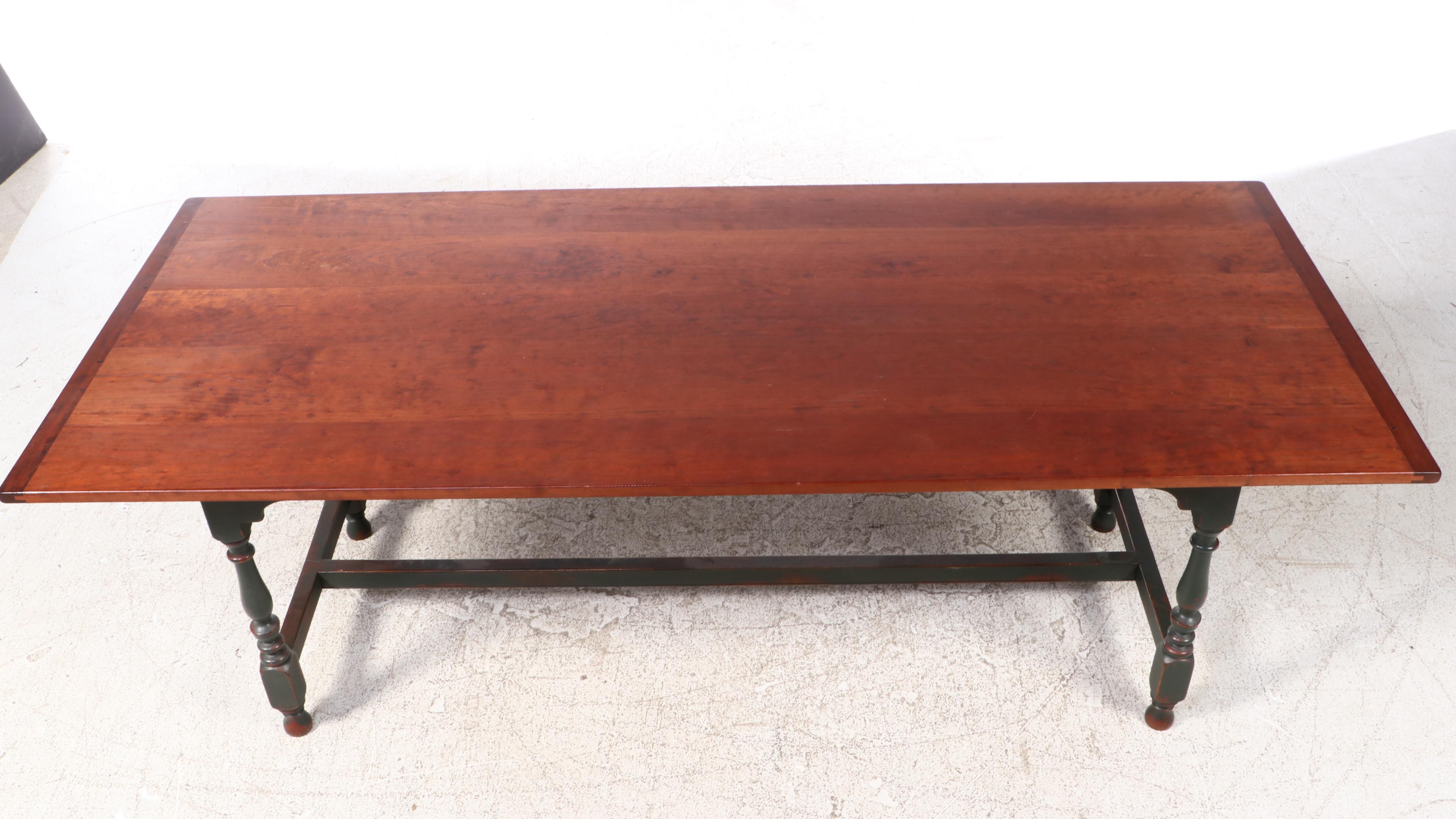 American Colonial Style Cherrywood and Green-Painted Trestle-Base Dining Table